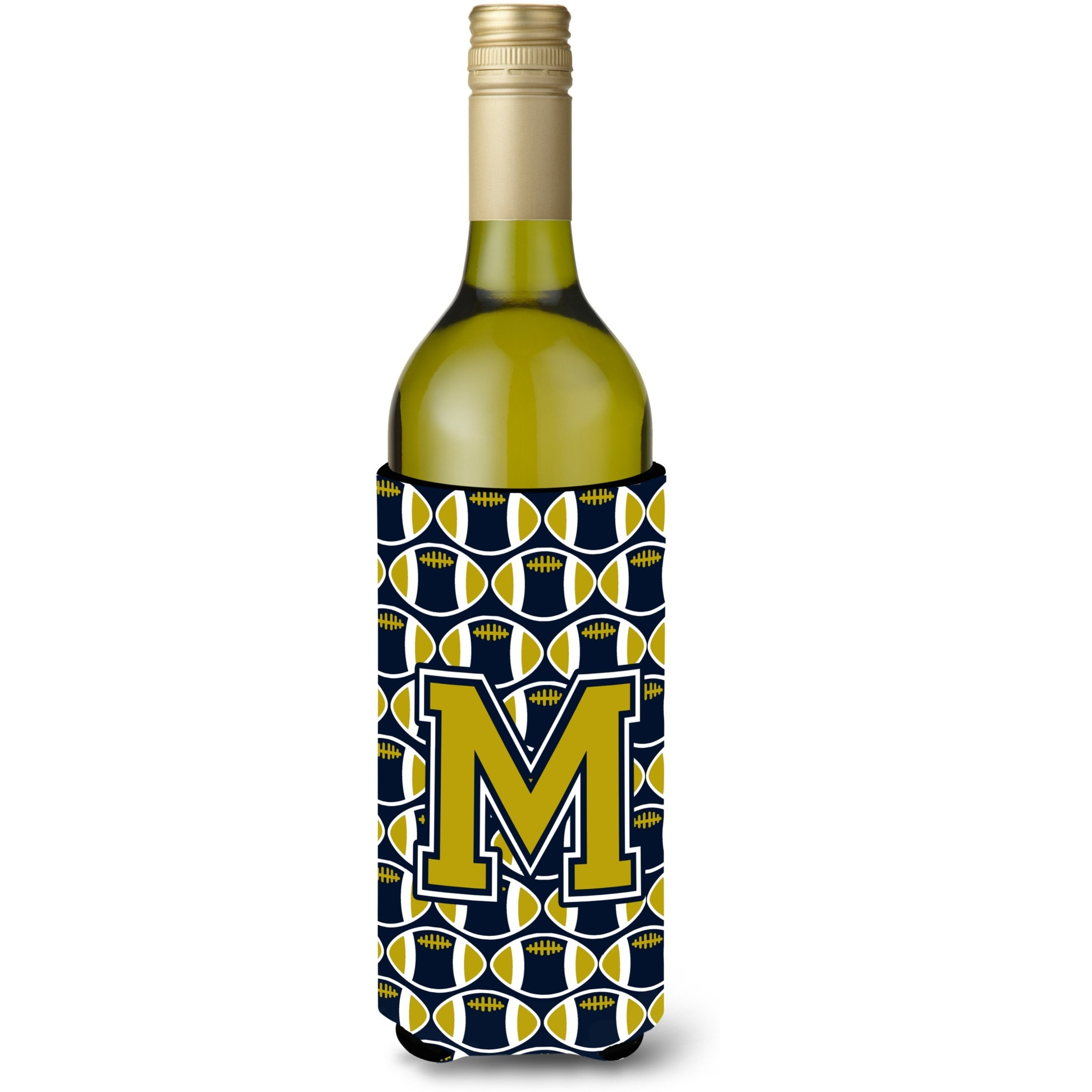 Letter M Football Blue and Gold Wine Bottle Beverage Insulator Hugger CJ1074-MLITERK