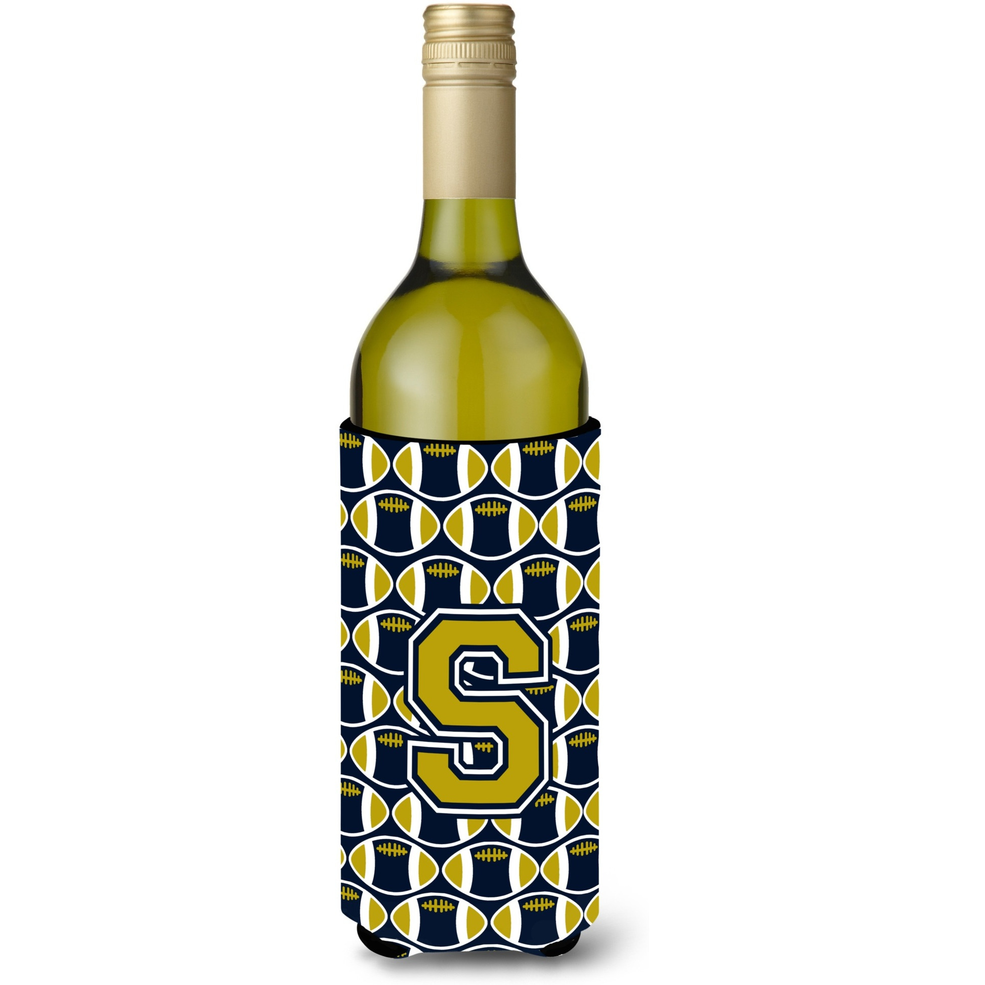 Letter S Football Blue and Gold Wine Bottle Beverage Insulator Hugger CJ1074-SLITERK