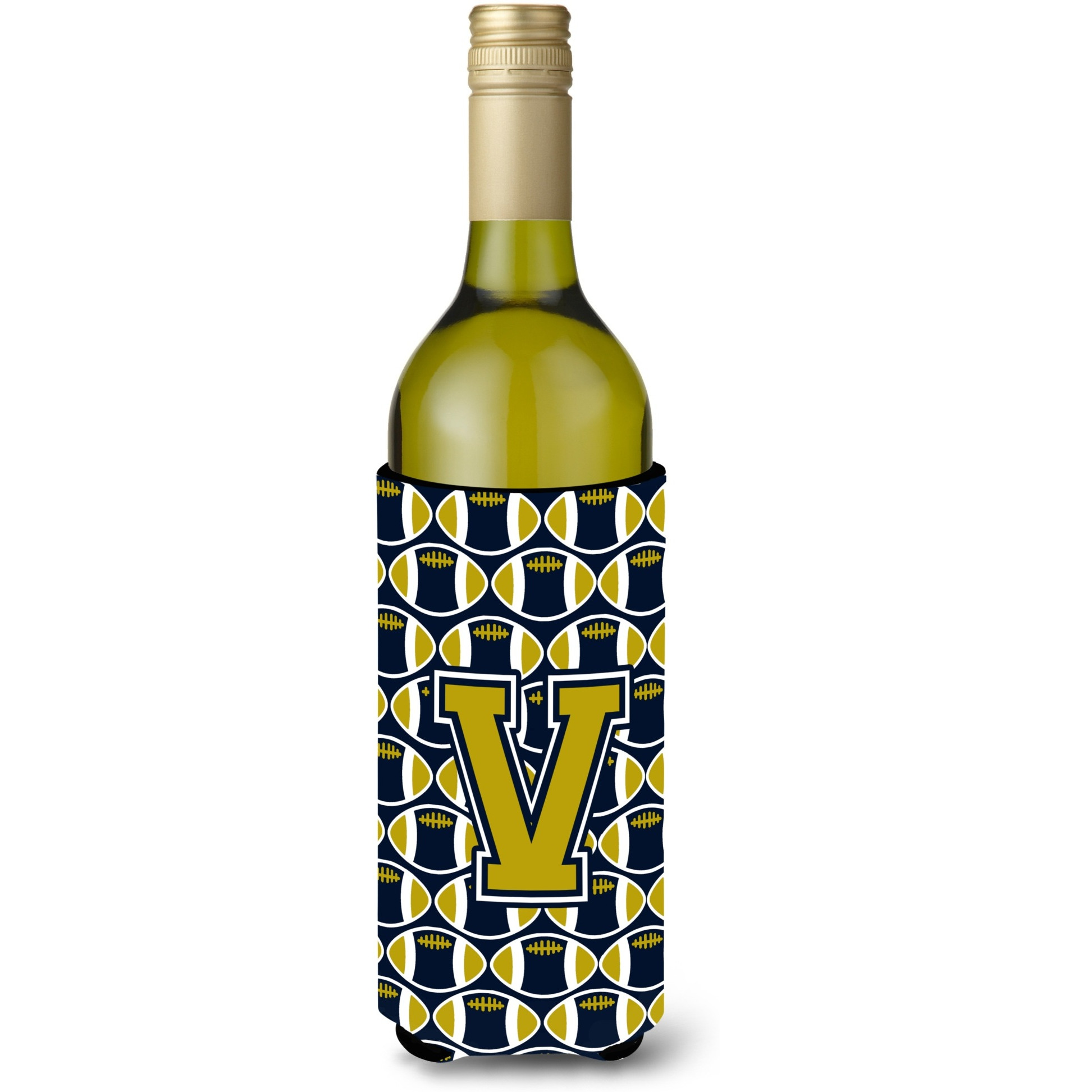 Letter V Football Blue and Gold Wine Bottle Beverage Insulator Hugger CJ1074-VLITERK