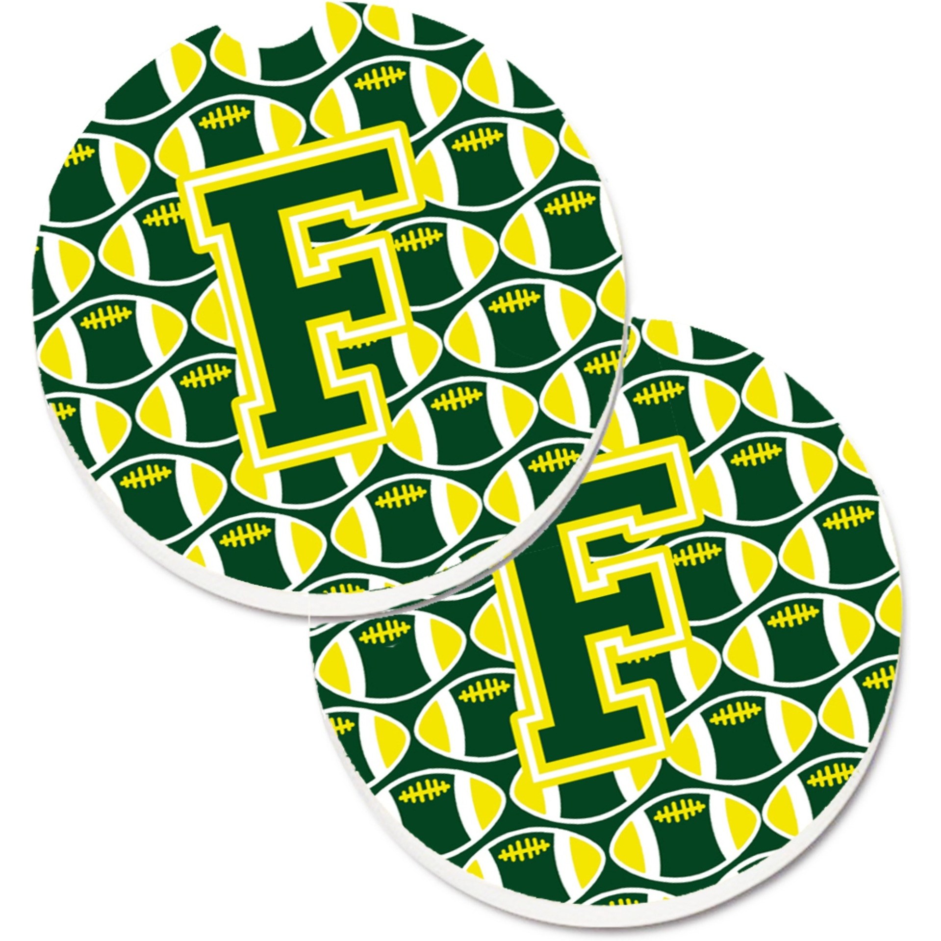 &quotCaroline's Treasures Letter F Football green & Yellow Set of 2 Cup Holder Car Coasters CJ1075-FCARC, 2.56, Multicolor"