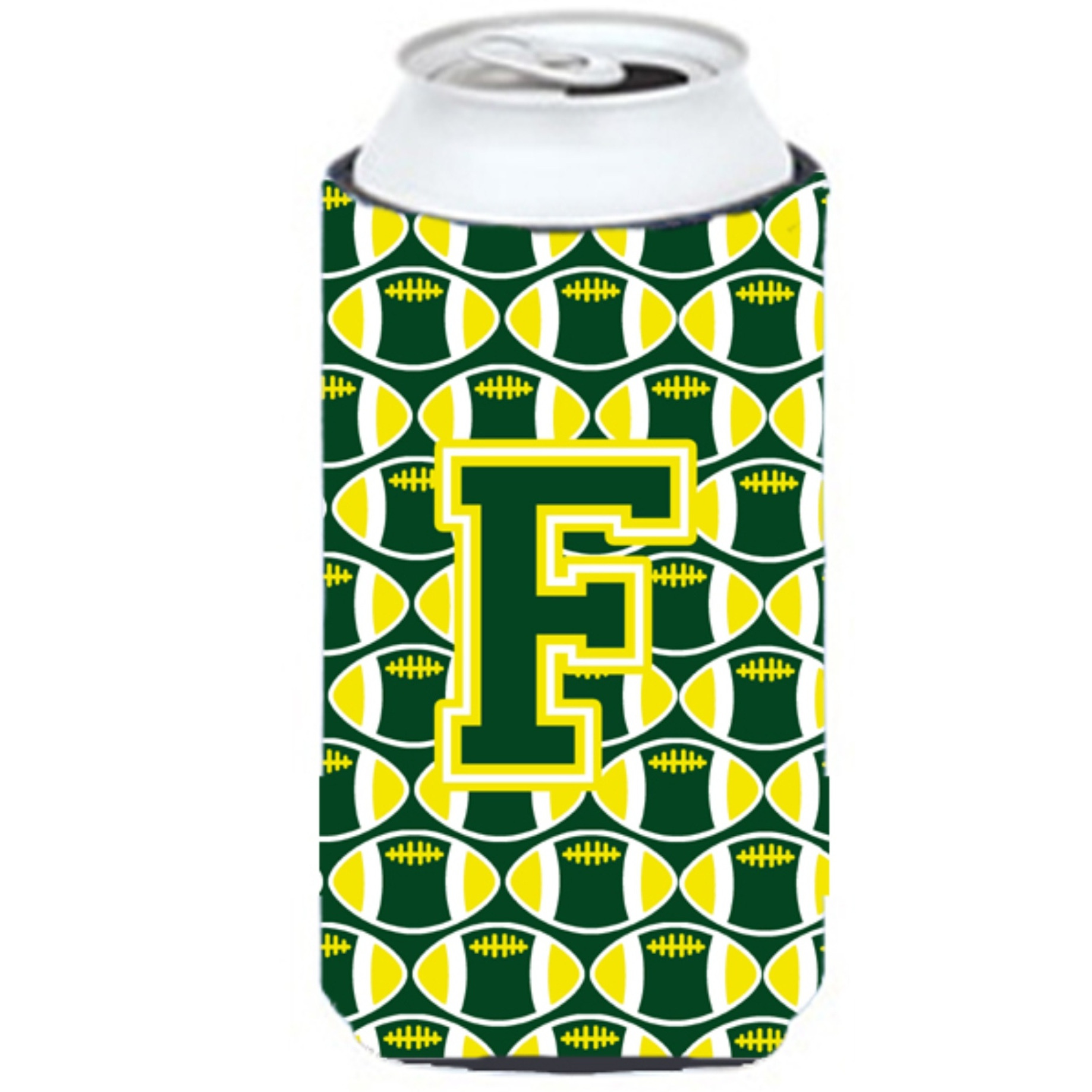 Letter F Football Green and Yellow Tall Boy Beverage Insulator Hugger CJ1075-FTBC