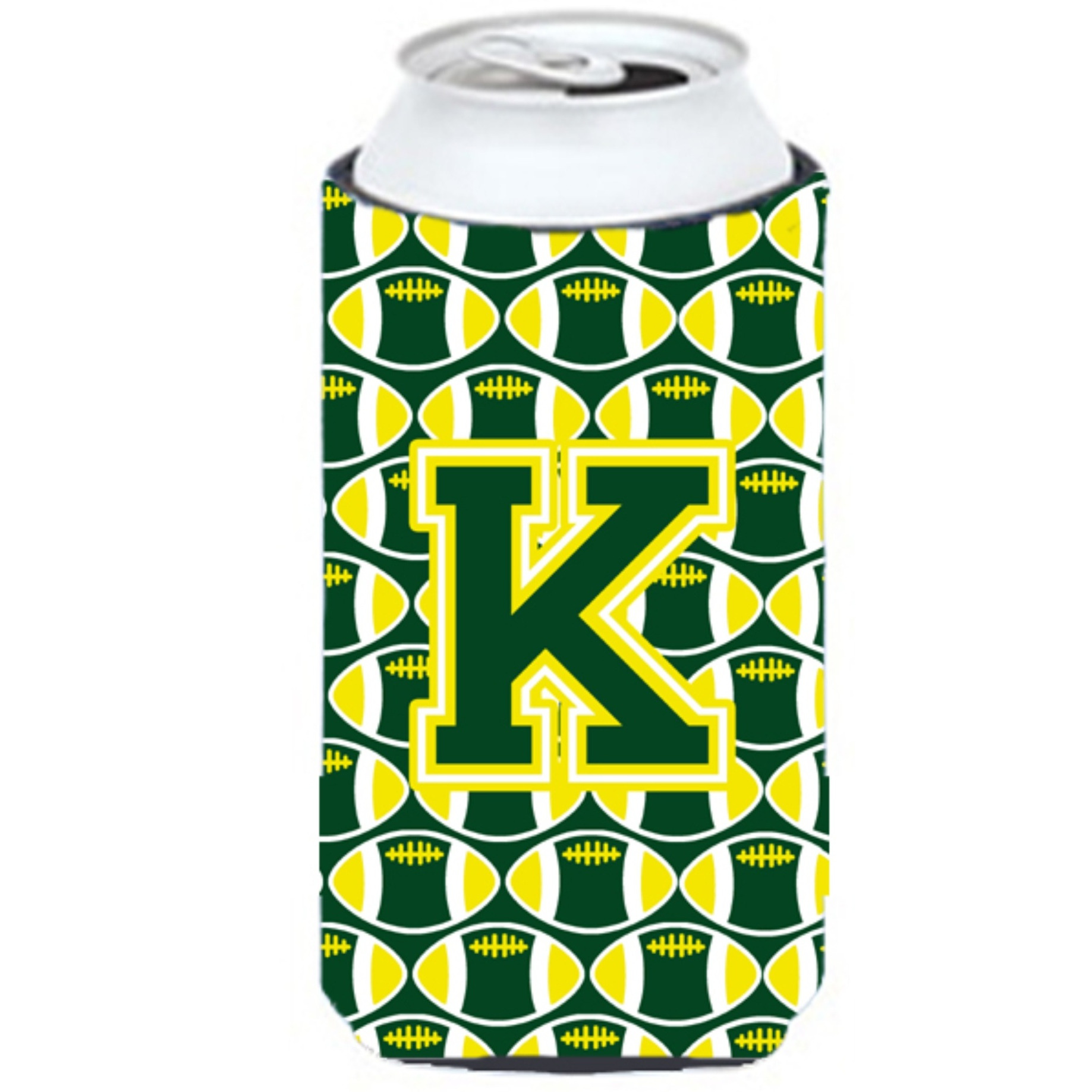 Letter K Football Green and Yellow Tall Boy Beverage Insulator Hugger CJ1075-KTBC