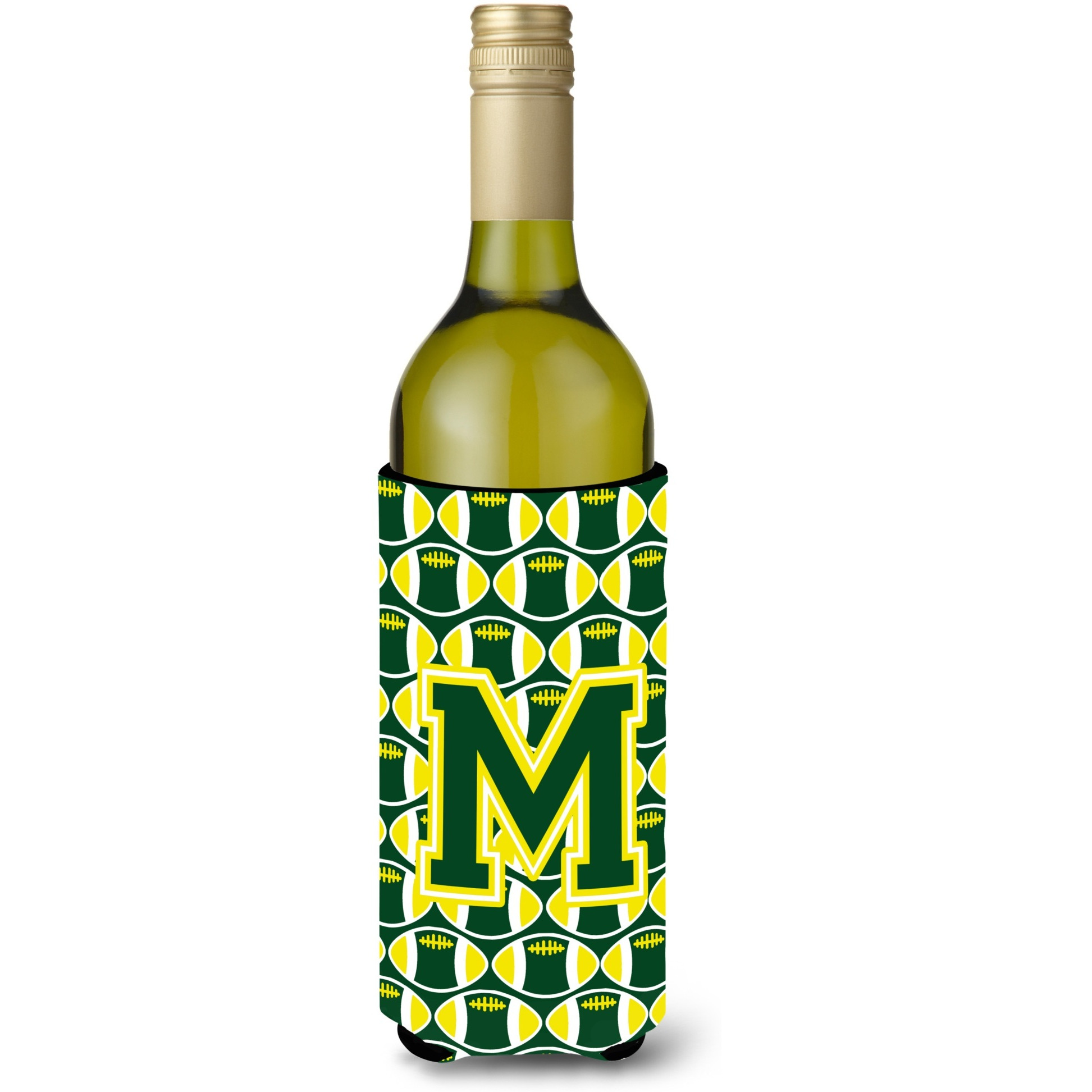 Letter M Football Green and Yellow Wine Bottle Beverage Insulator Hugger CJ1075-MLITERK