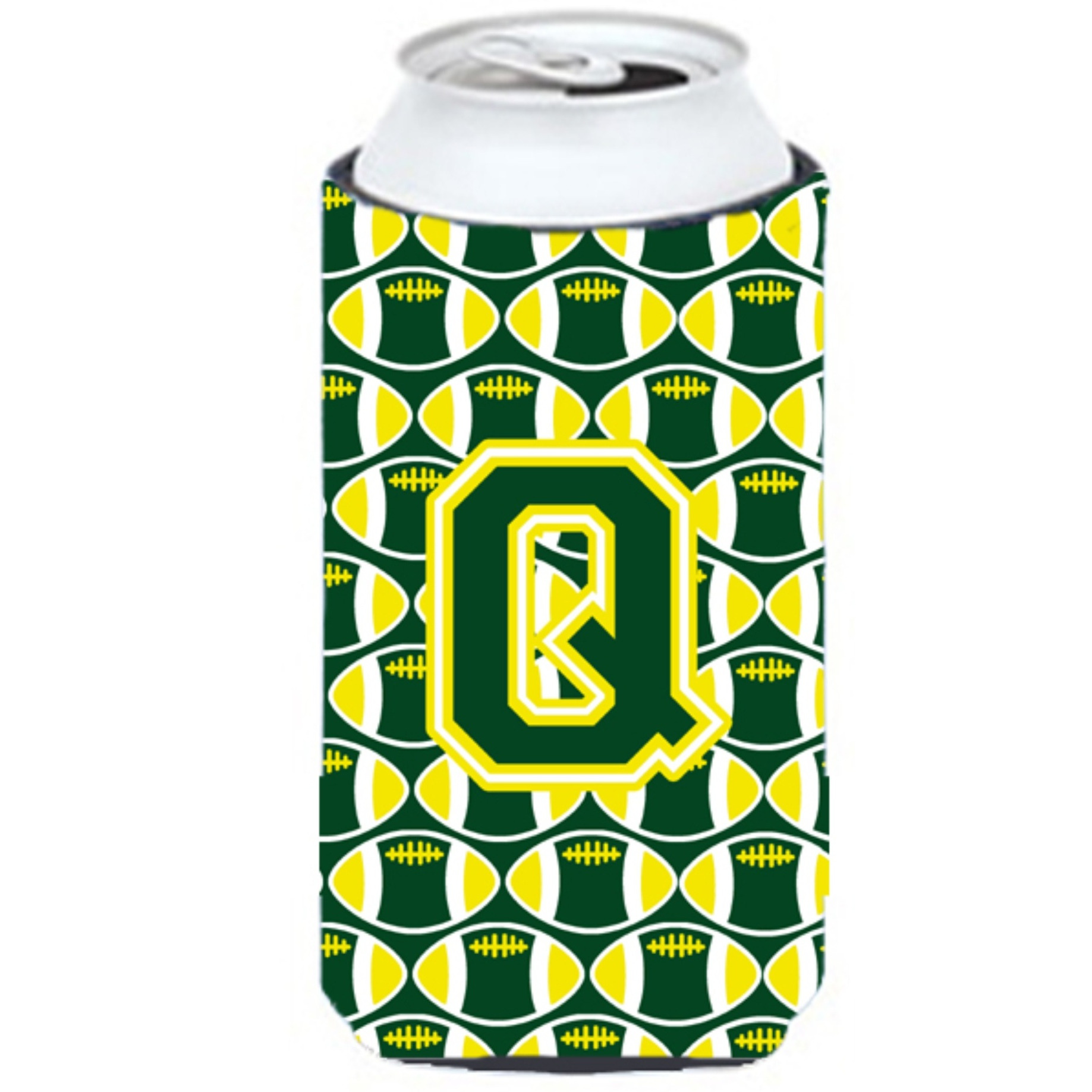 Letter Q Football Green and Yellow Tall Boy Beverage Insulator Hugger CJ1075-QTBC
