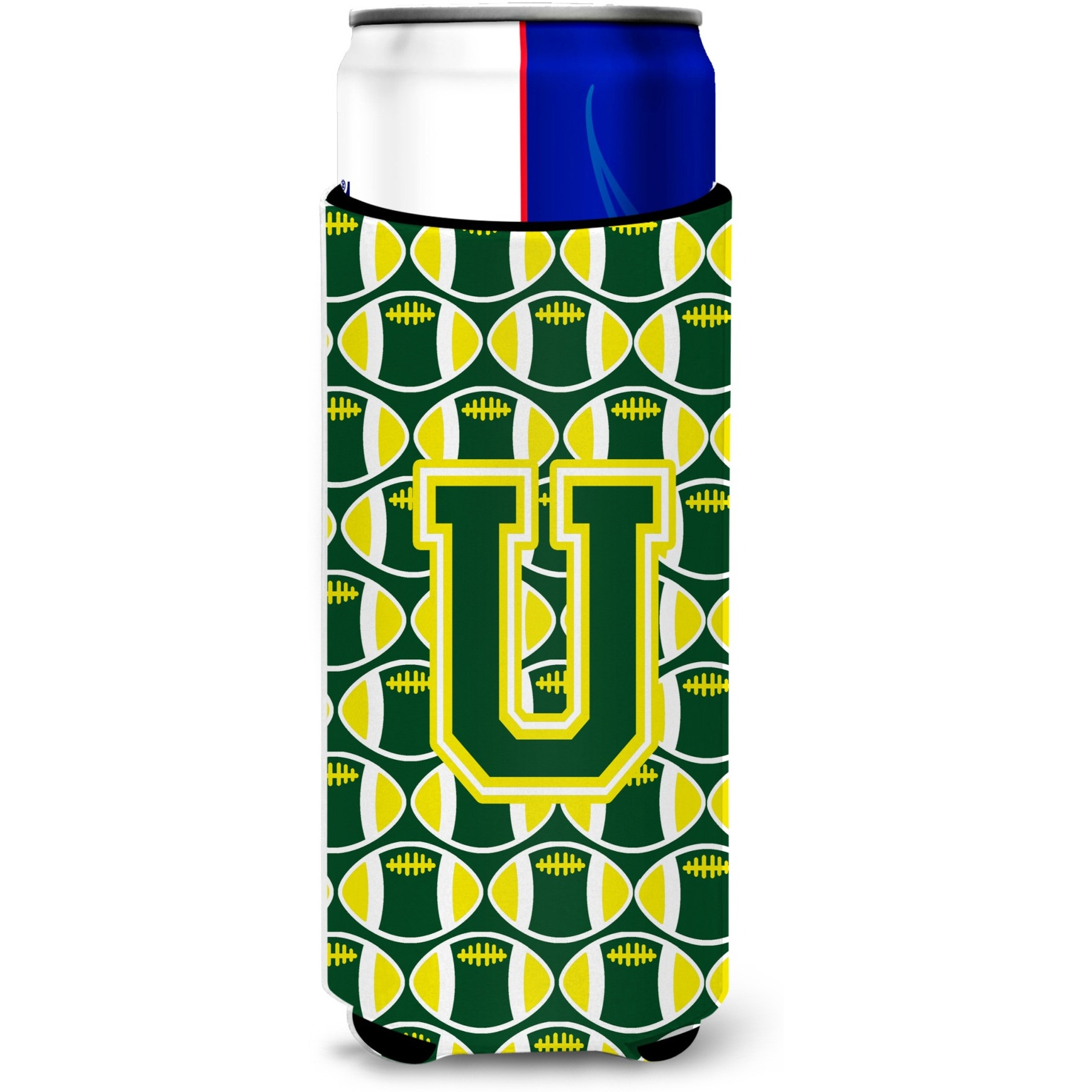 Letter U Football Green and Yellow Ultra Beverage Insulators for slim cans CJ1075-UMUK