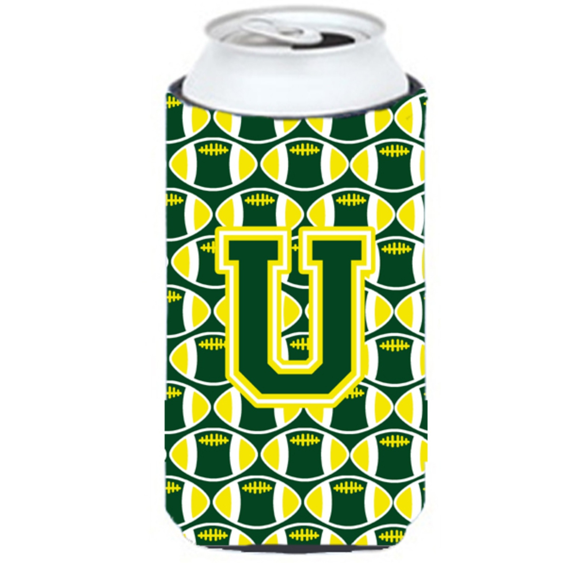 Letter U Football Green and Yellow Tall Boy Beverage Insulator Hugger CJ1075-UTBC