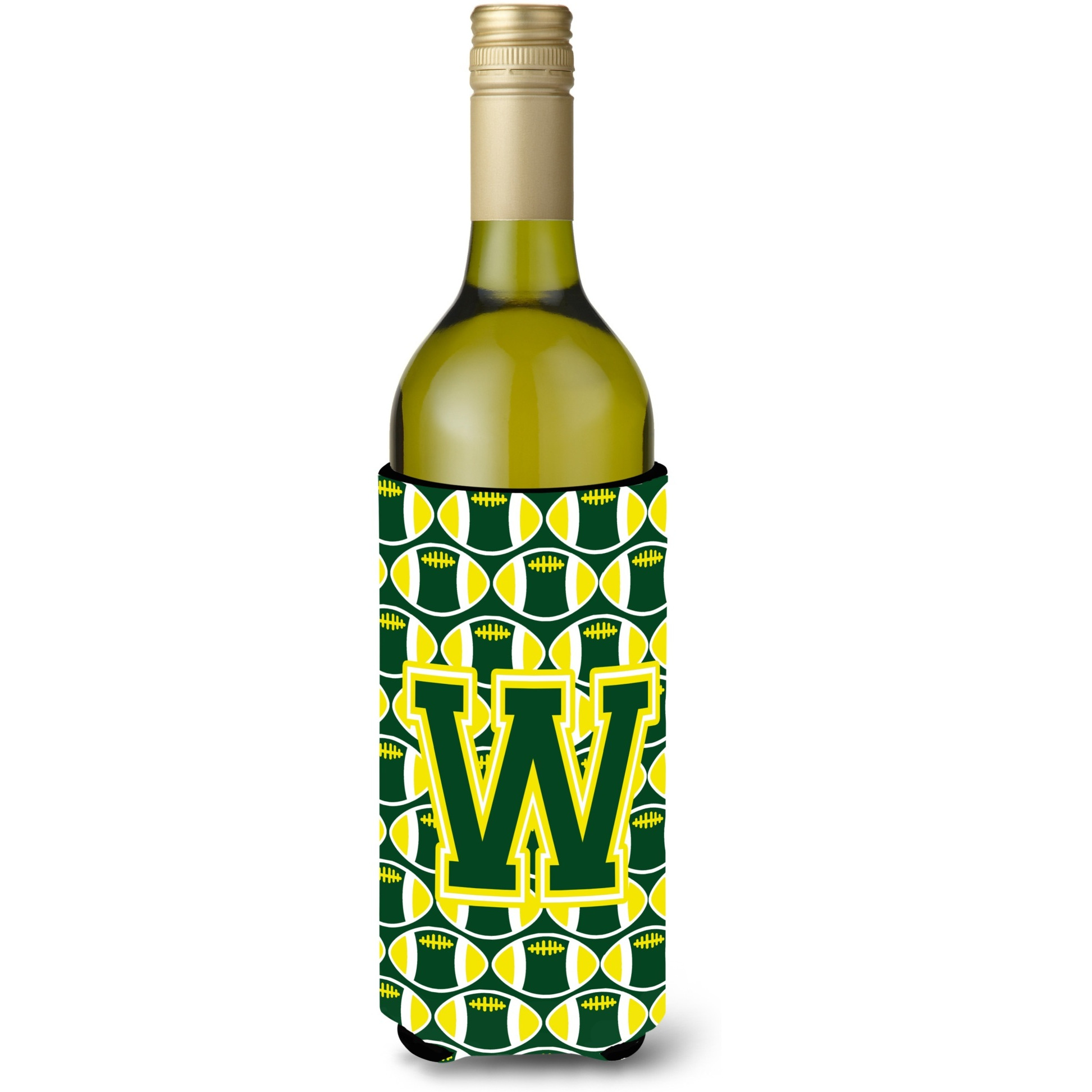 Letter W Football Green and Yellow Wine Bottle Beverage Insulator Hugger CJ1075-WLITERK