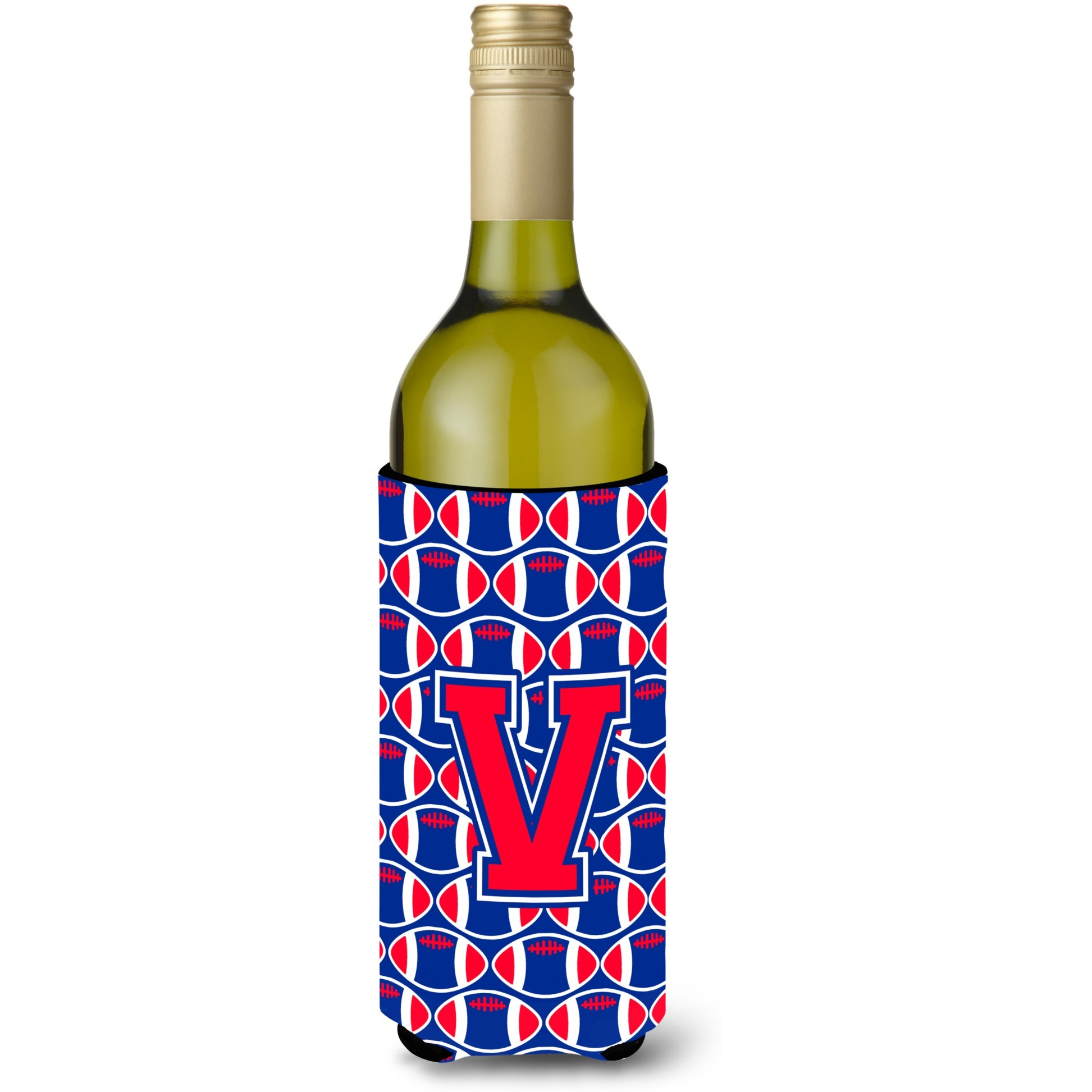 Letter V Football Crimson and Yale Blue Wine Bottle Beverage Insulator Hugger CJ1076-VLITERK