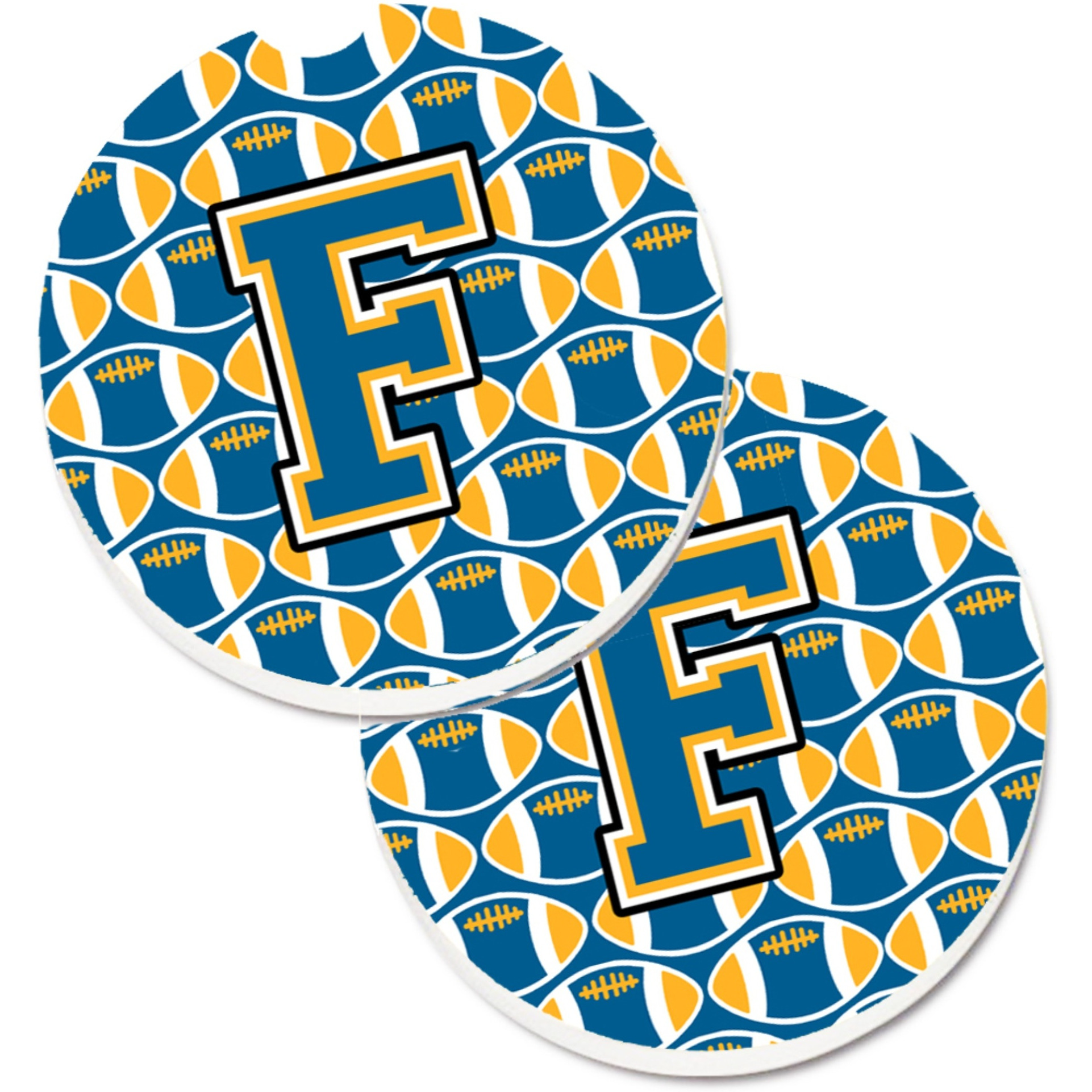 &quotCaroline's Treasures Letter F Football Blue & Gold Set of 2 Cup Holder Car Coasters CJ1077-FCARC, 2.56, Multicolor"