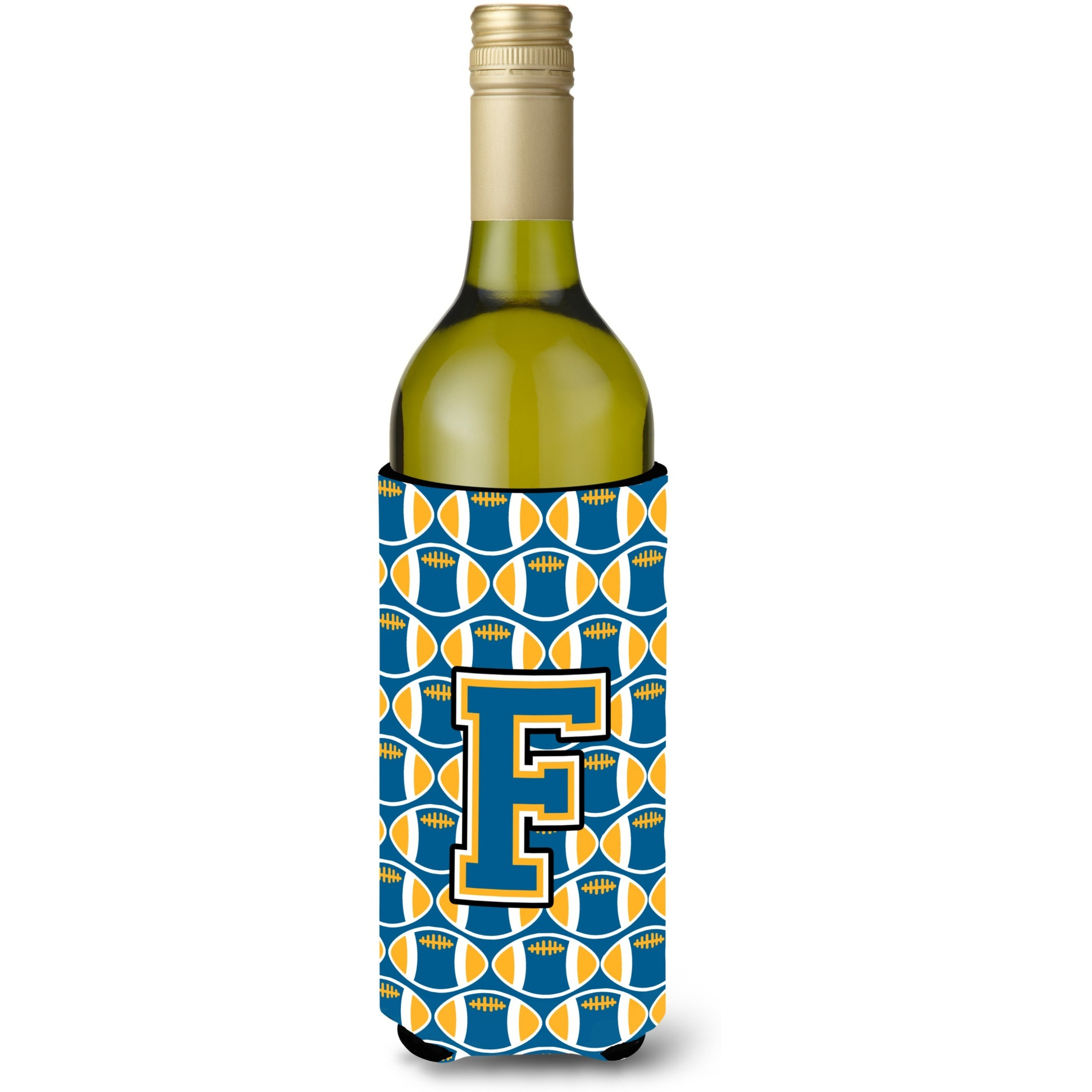 Letter F Football Blue and Gold Wine Bottle Beverage Insulator Hugger CJ1077-FLITERK