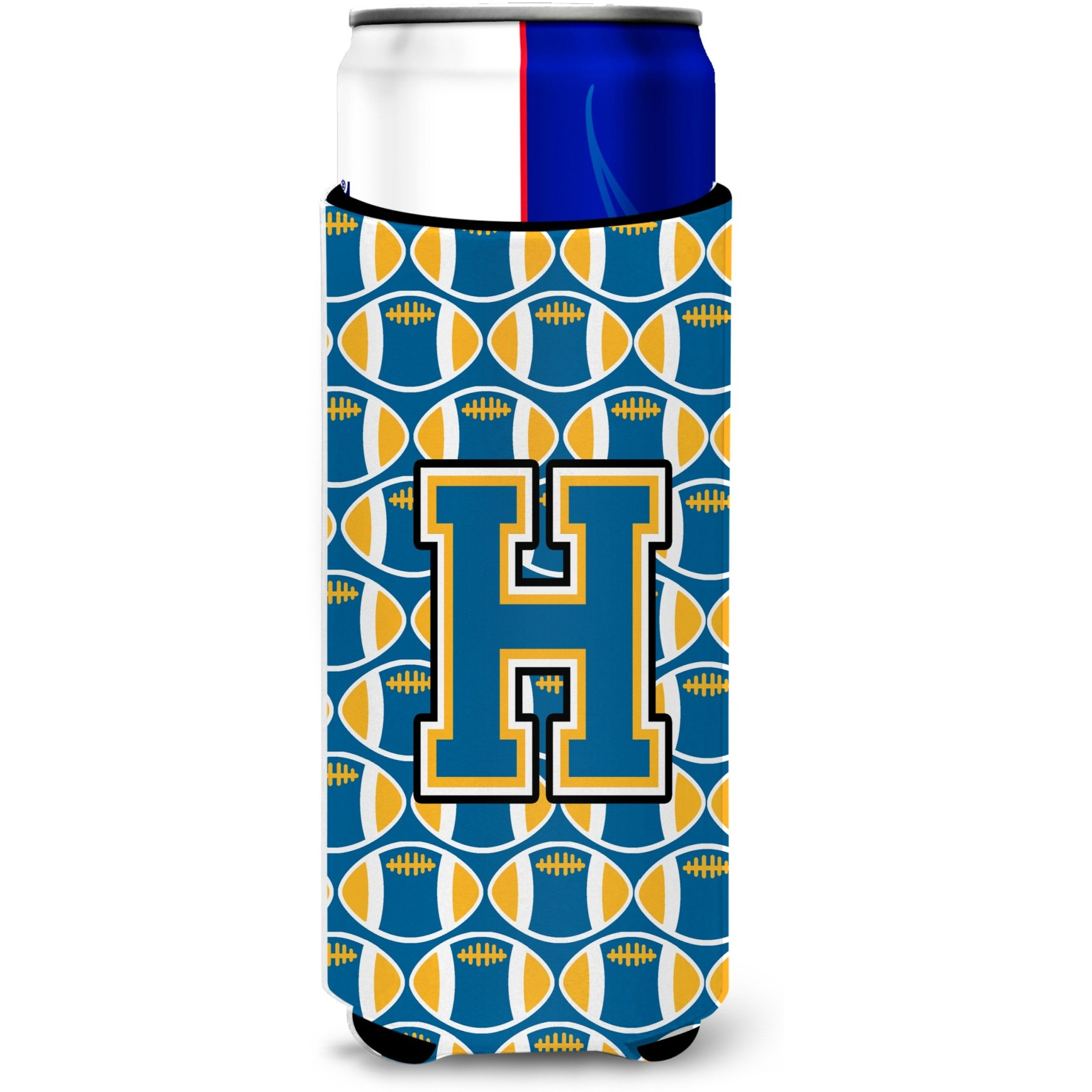 Letter H Football Blue and Gold Ultra Beverage Insulators for slim cans CJ1077-HMUK