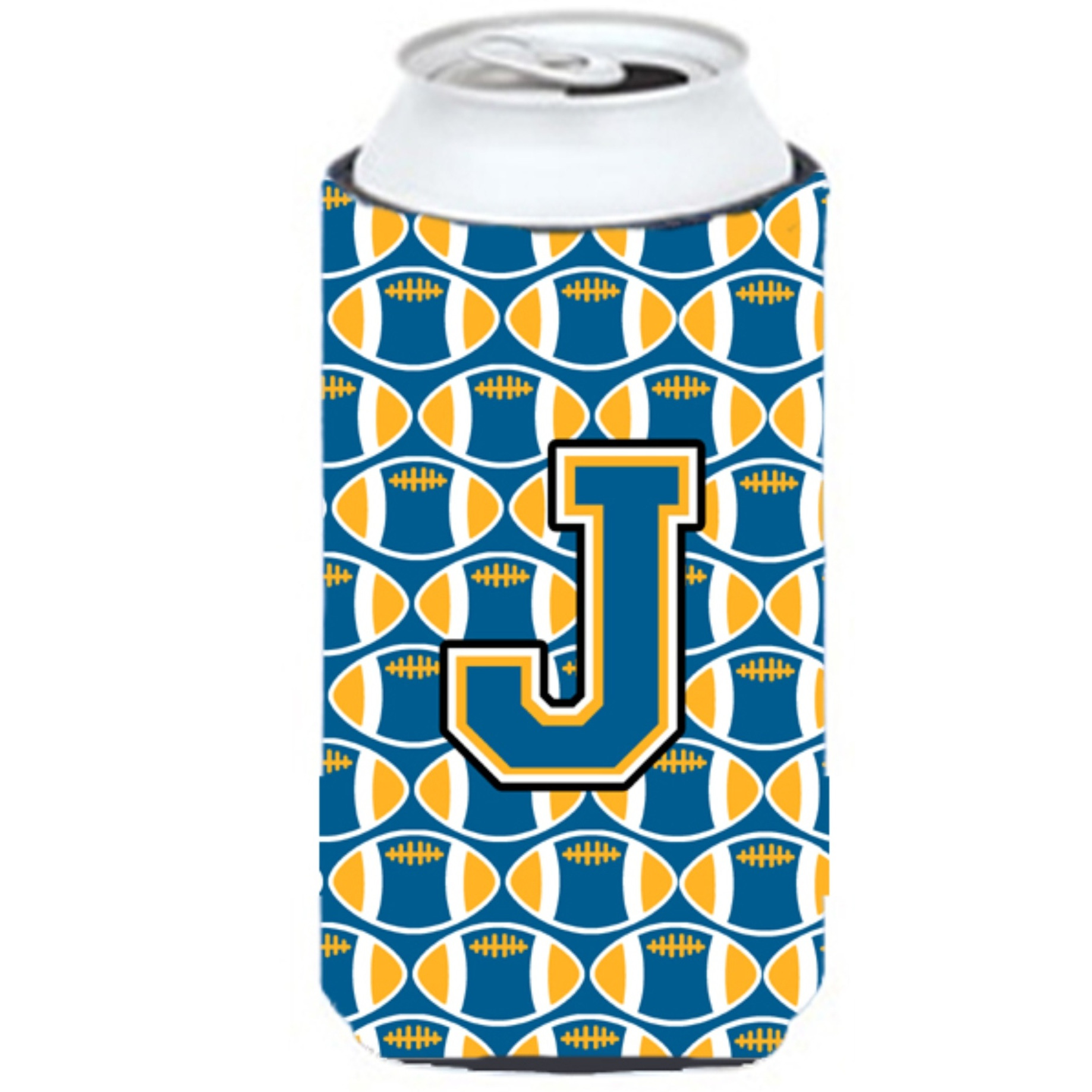 Letter J Football Blue and Gold Tall Boy Beverage Insulator Hugger CJ1077-JTBC