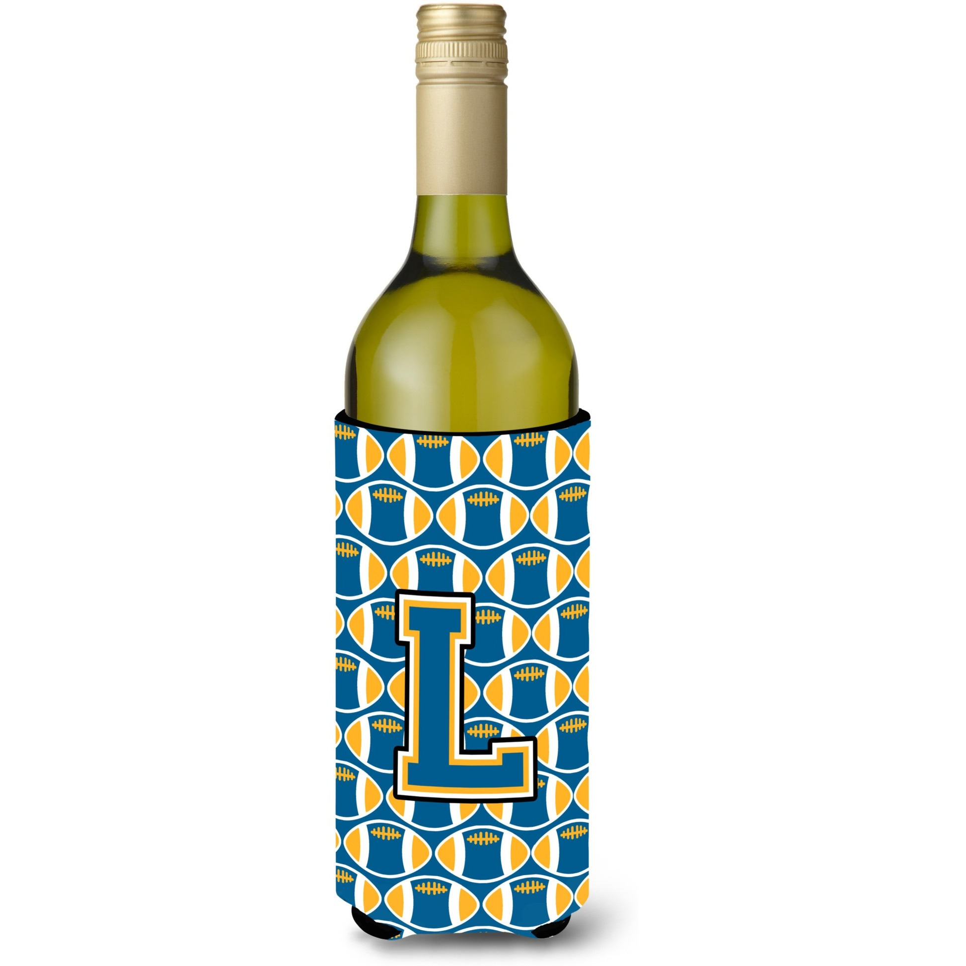 Letter L Football Blue and Gold Wine Bottle Beverage Insulator Hugger CJ1077-LLITERK