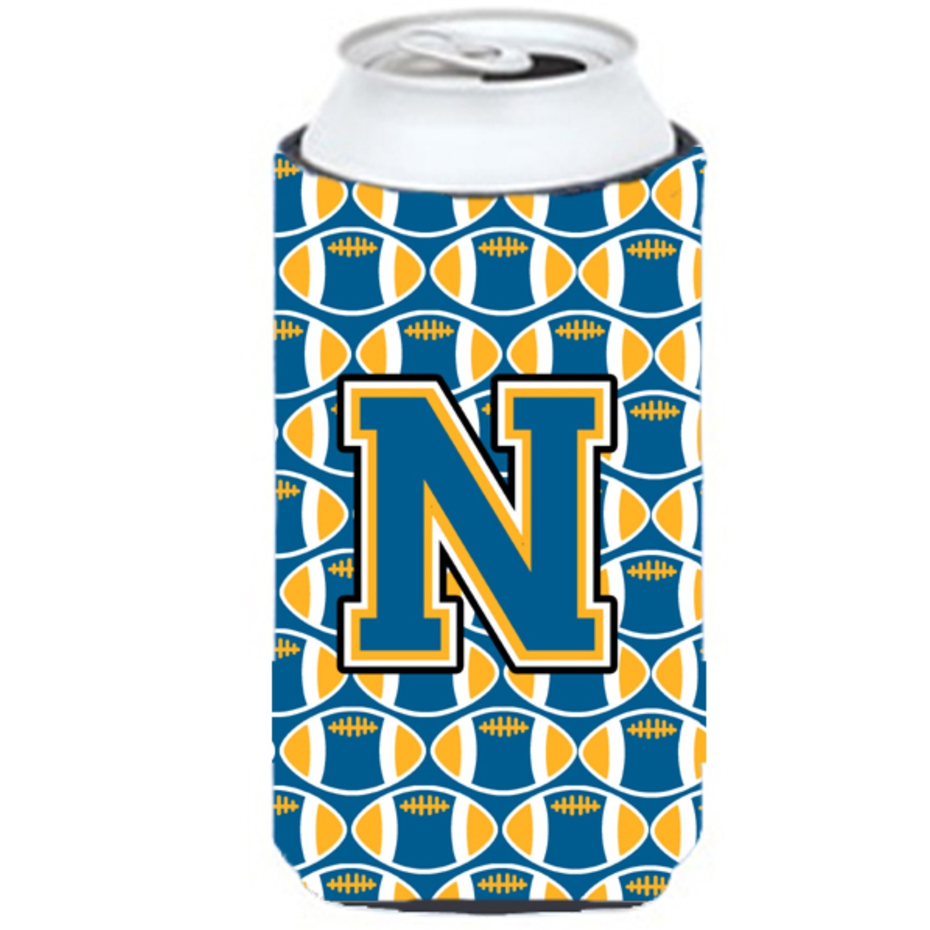 Letter N Football Blue and Gold Tall Boy Beverage Insulator Hugger CJ1077-NTBC