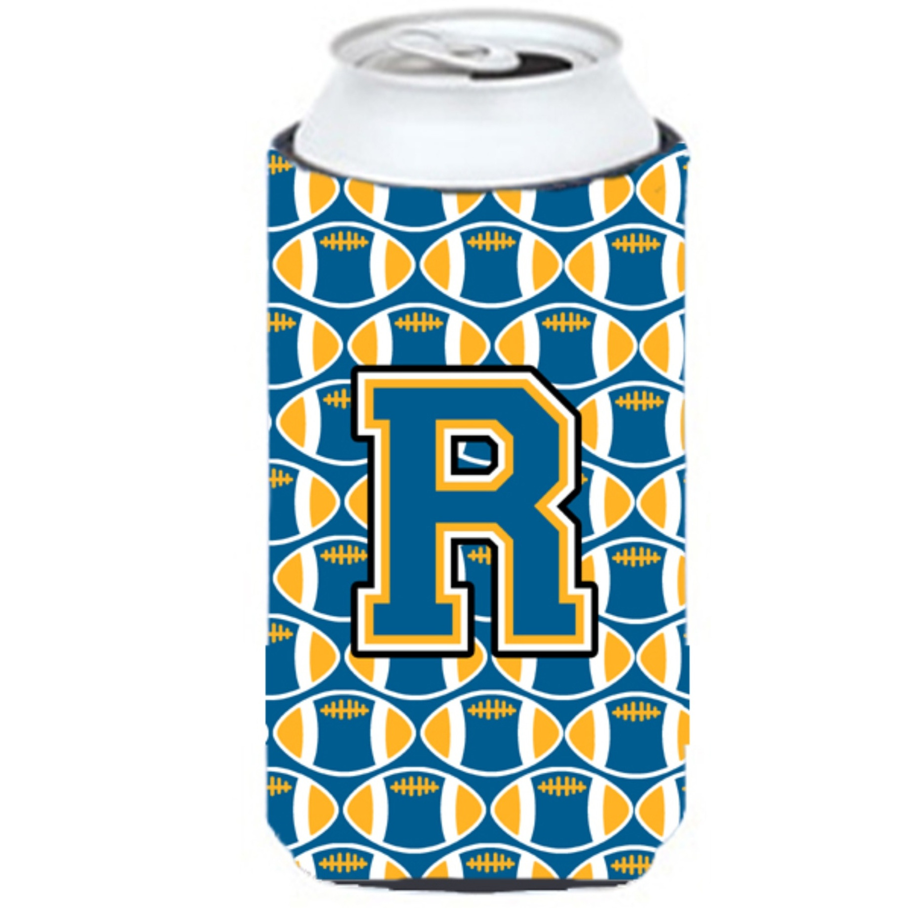 Letter R Football Blue and Gold Tall Boy Beverage Insulator Hugger CJ1077-RTBC