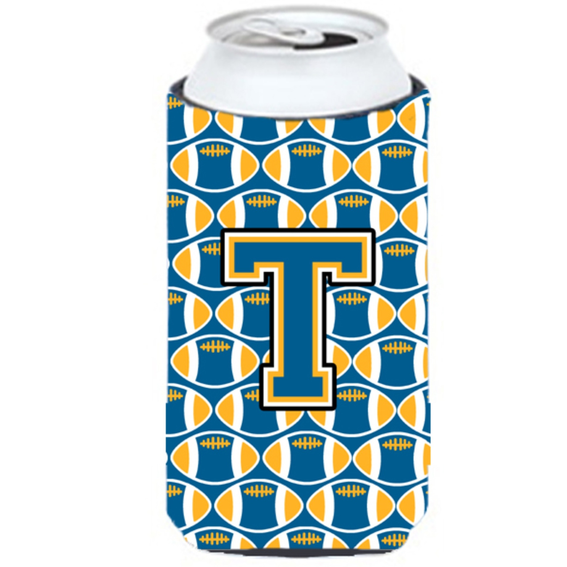 Letter T Football Blue and Gold Tall Boy Beverage Insulator Hugger CJ1077-TTBC
