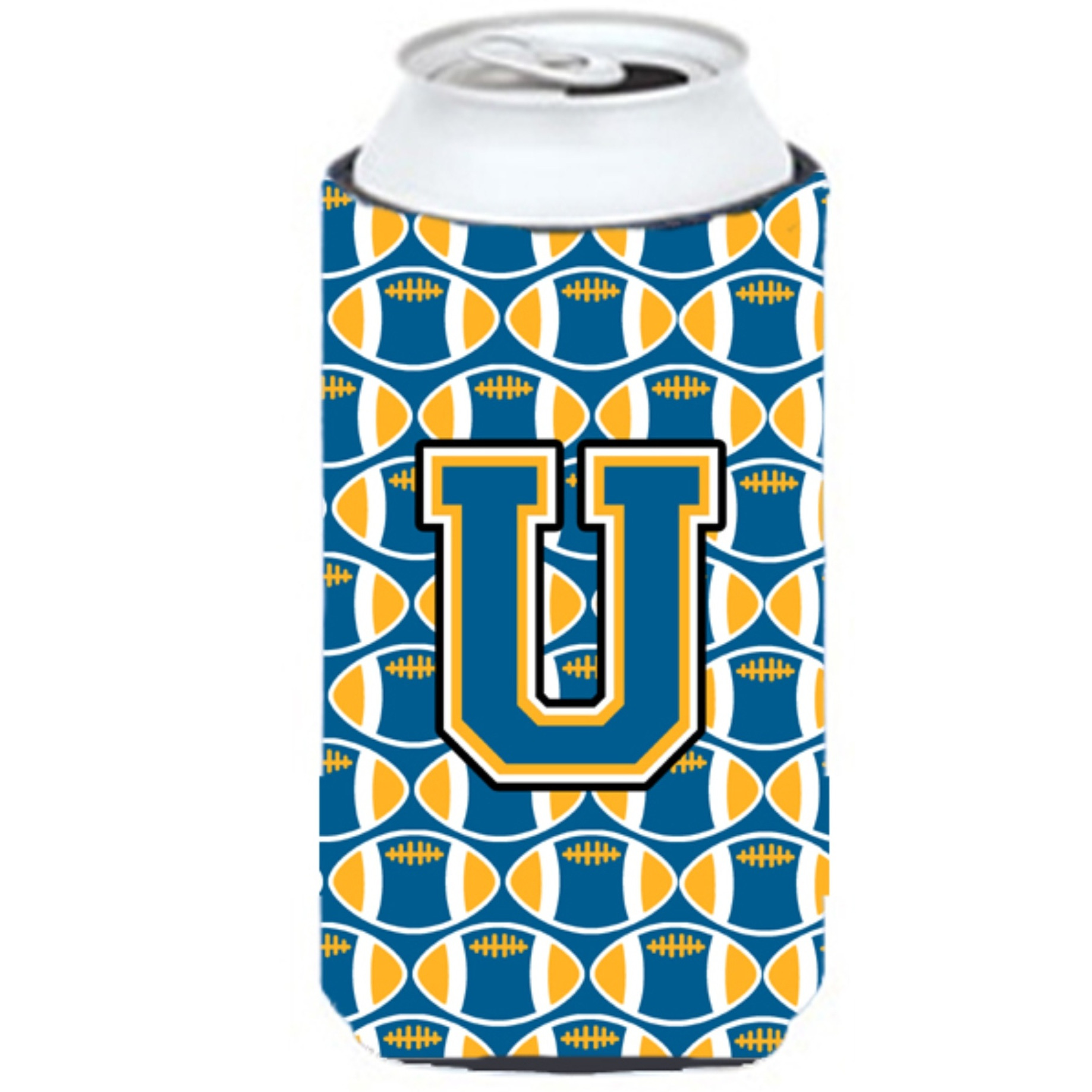 Letter U Football Blue and Gold Tall Boy Beverage Insulator Hugger CJ1077-UTBC