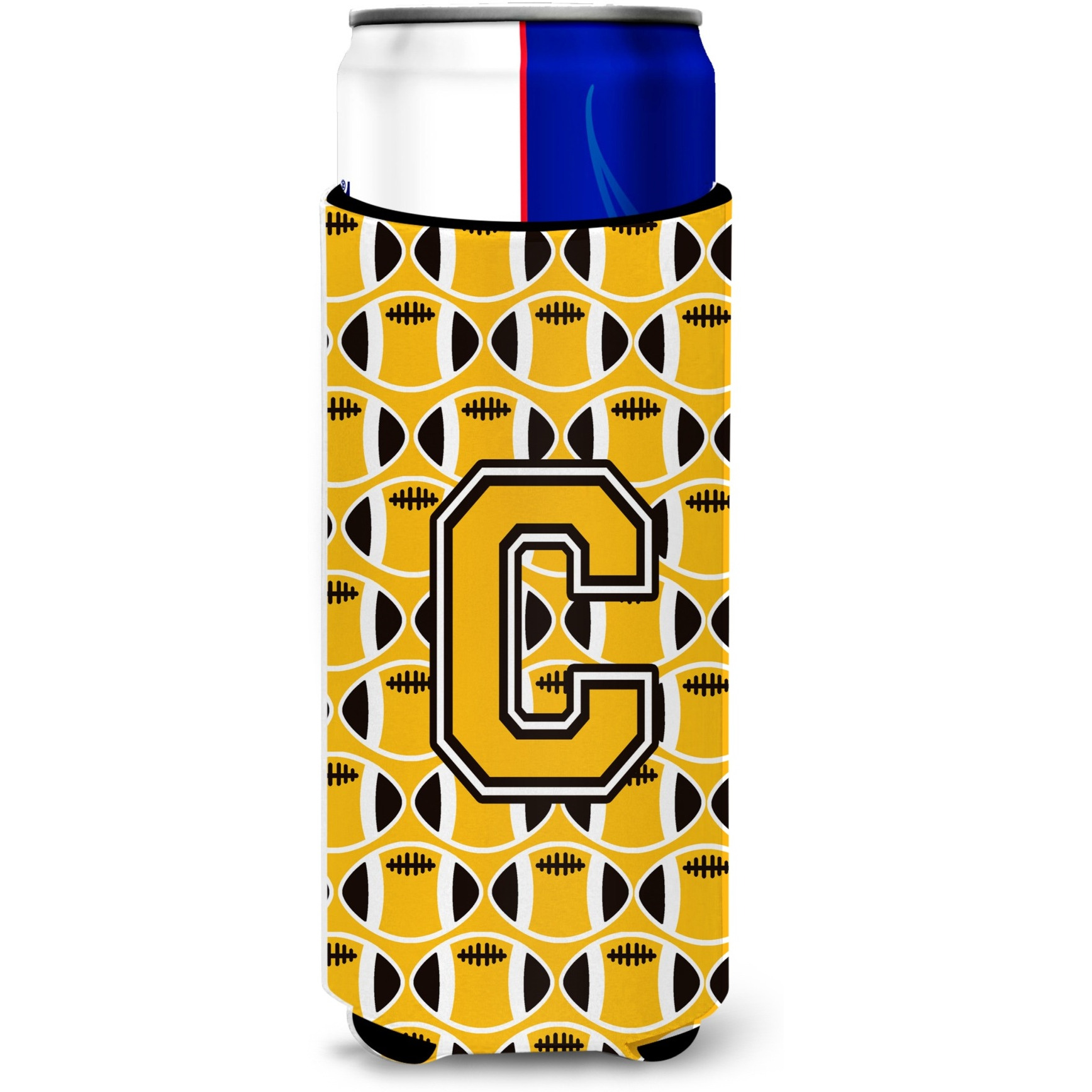 &quotLetter C Football Black, Old Gold and White Ultra Beverage Insulators for slim cans CJ1080-CMUK"