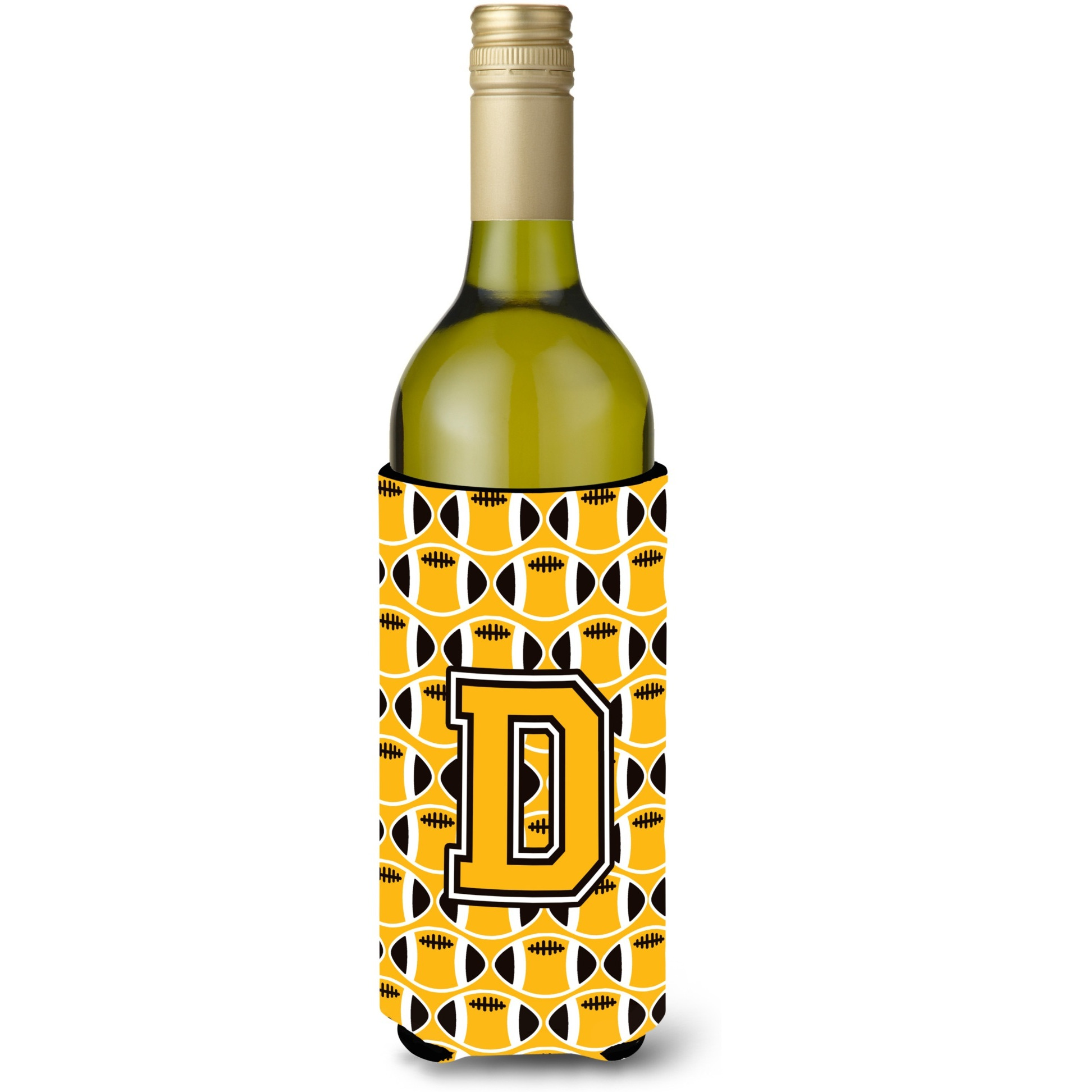 &quotLetter D Football Black, Old Gold and White Wine Bottle Beverage Insulator Hugger CJ1080-DLITERK"