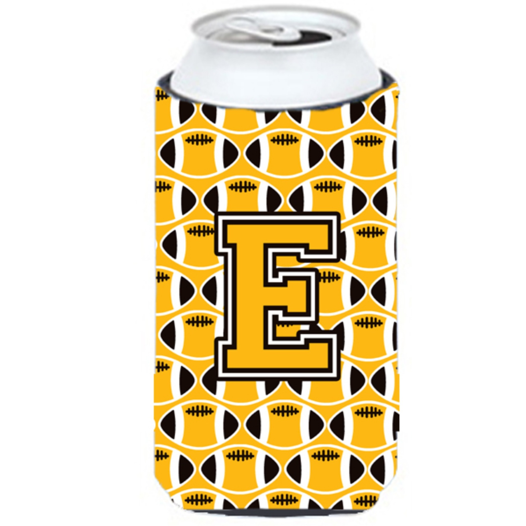 &quotLetter E Football Black, Old Gold and White Tall Boy Beverage Insulator Hugger CJ1080-ETBC"