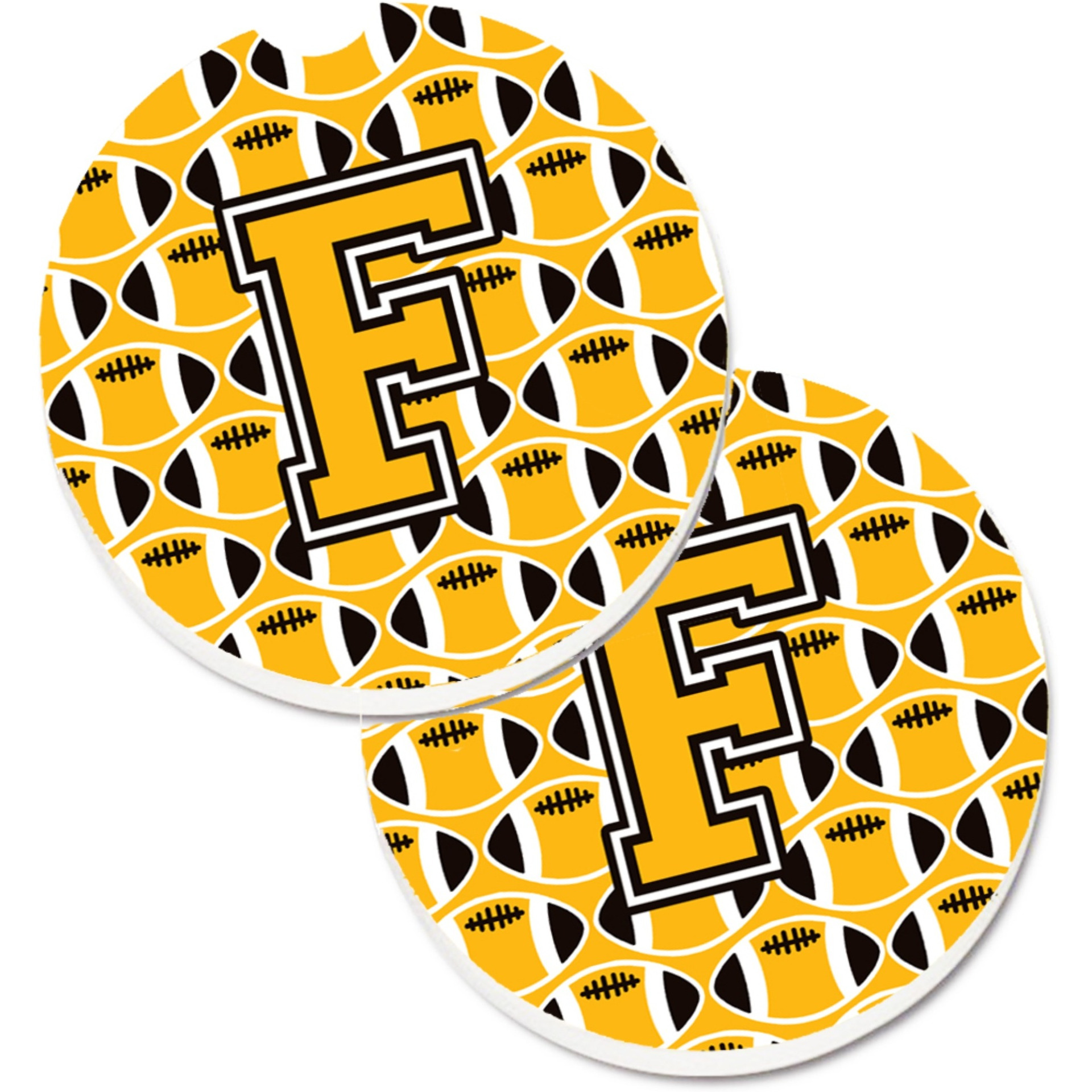 &quotCaroline's Treasures Letter F Football black, Old Gold & White Set of 2 Cup Holder Car Coasters CJ1080-FCARC, 2.56, Multicolor"