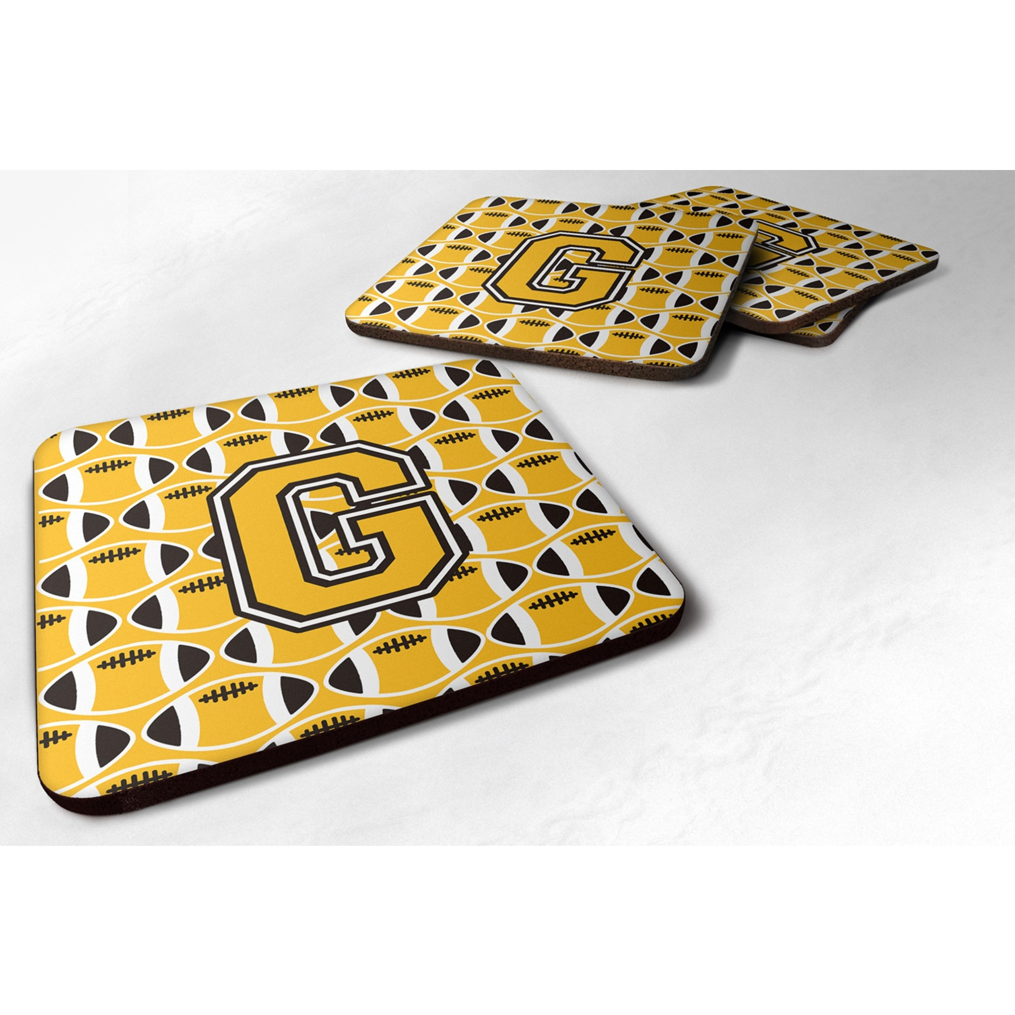 &quotCaroline's Treasures CJ1080-GFC Letter G Football Black, Old Gold and White Foam Coaster (Set of 4), 3.5"", Multicolor"