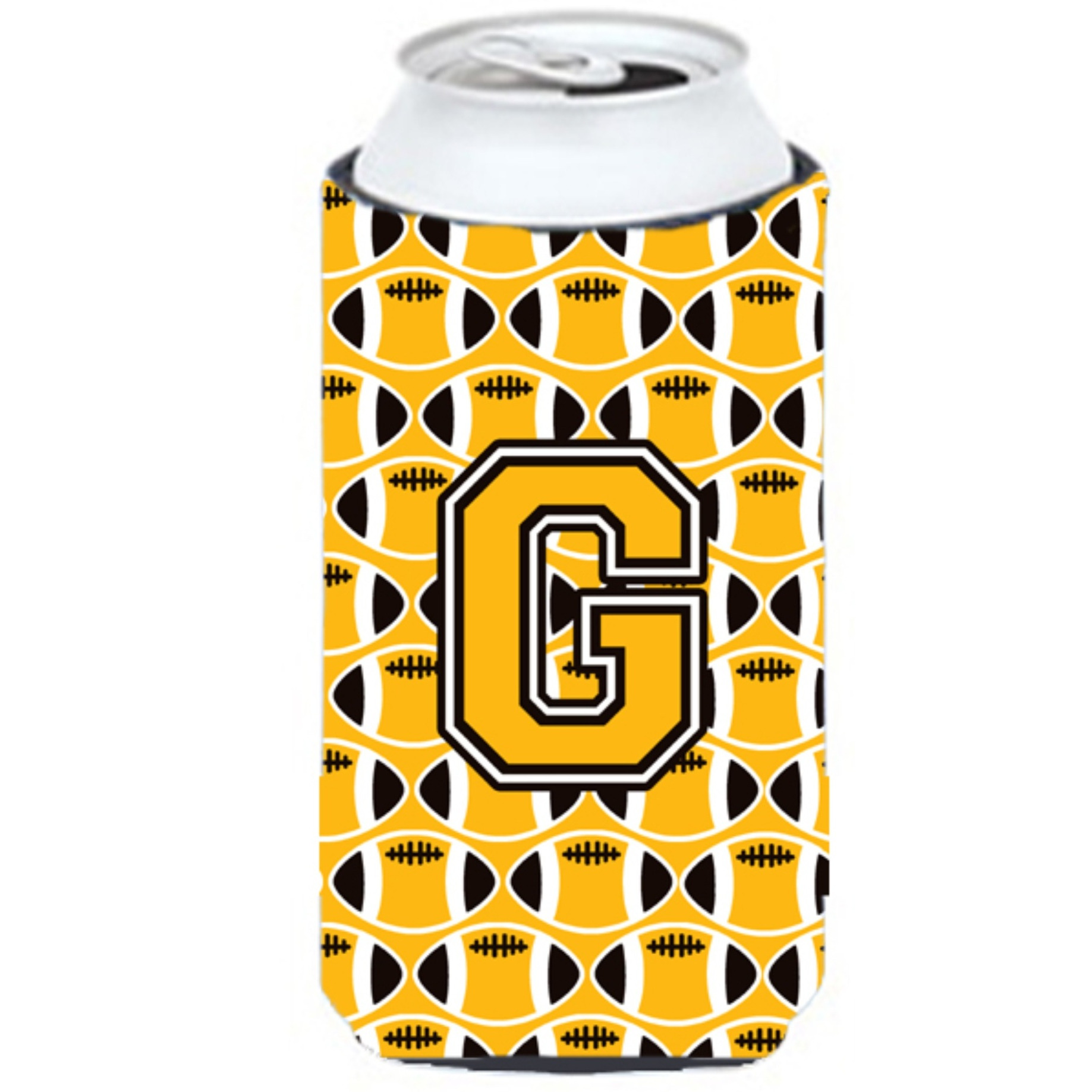 &quotLetter G Football Black, Old Gold and White Tall Boy Beverage Insulator Hugger CJ1080-GTBC"