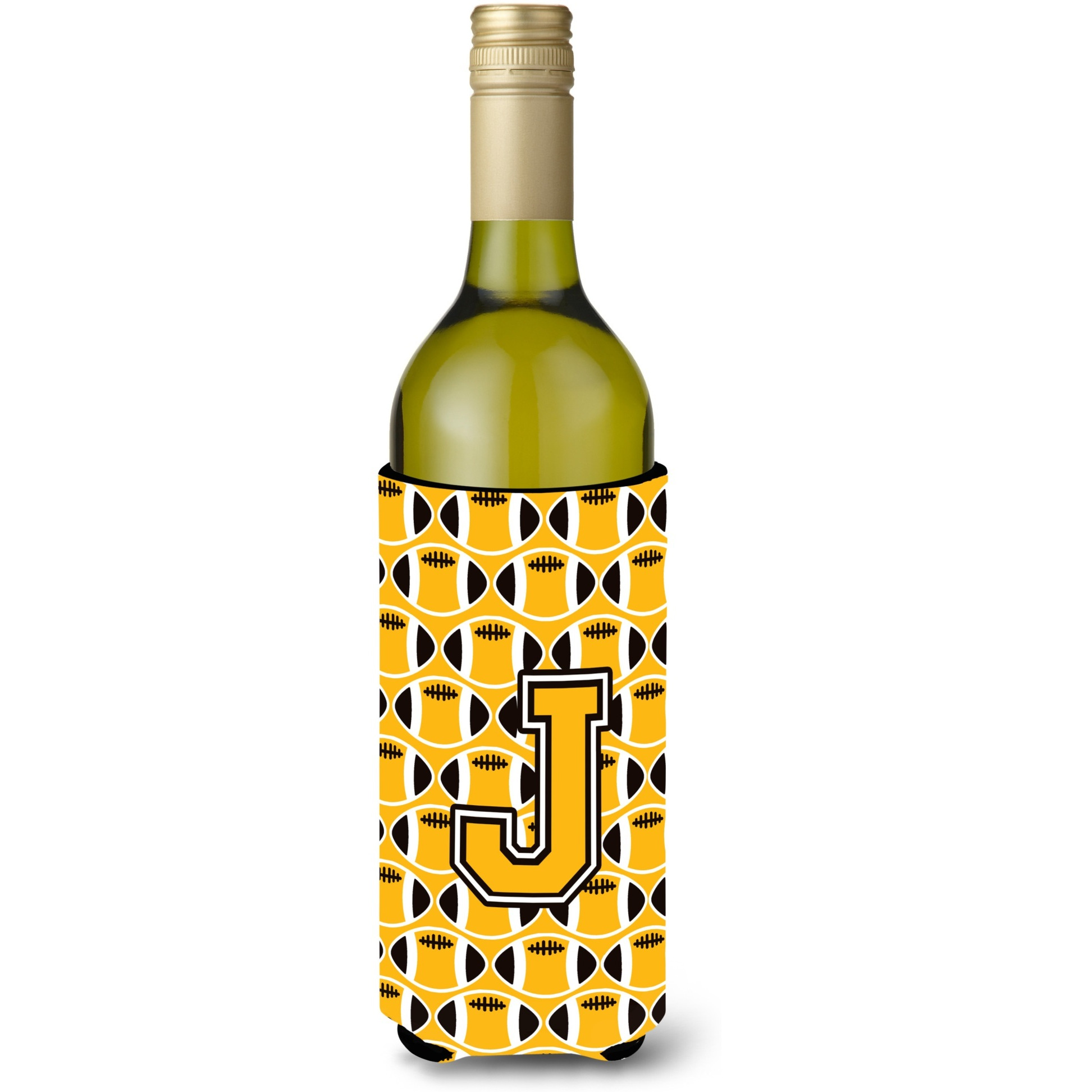 &quotLetter J Football Black, Old Gold and White Wine Bottle Beverage Insulator Hugger CJ1080-JLITERK"