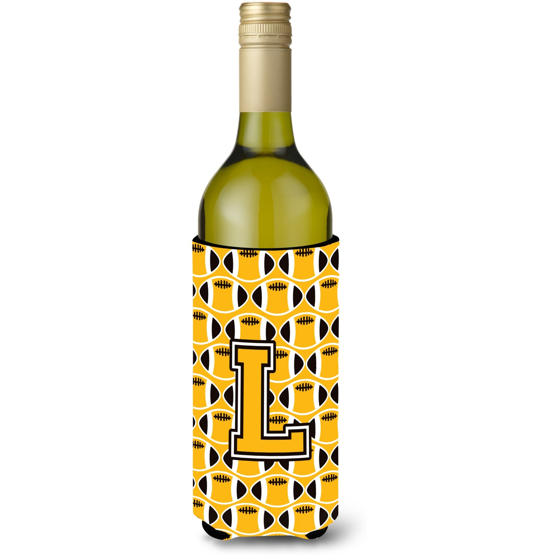 &quotLetter L Football Black, Old Gold and White Wine Bottle Beverage Insulator Hugger CJ1080-LLITERK"