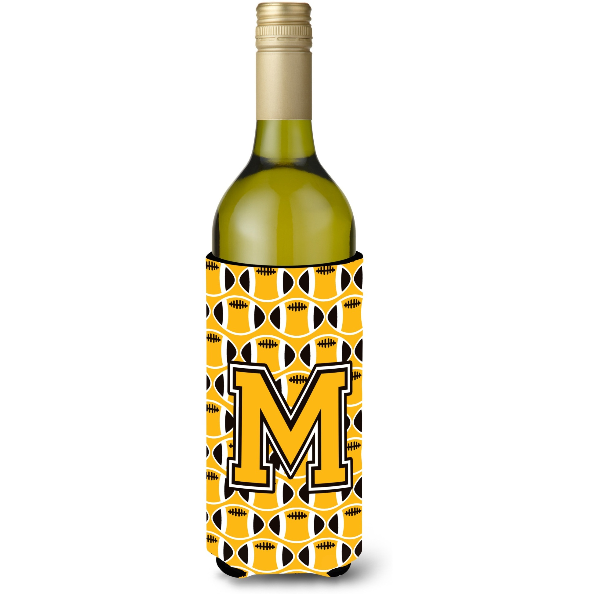 &quotLetter M Football Black, Old Gold and White Wine Bottle Beverage Insulator Hugger CJ1080-MLITERK"