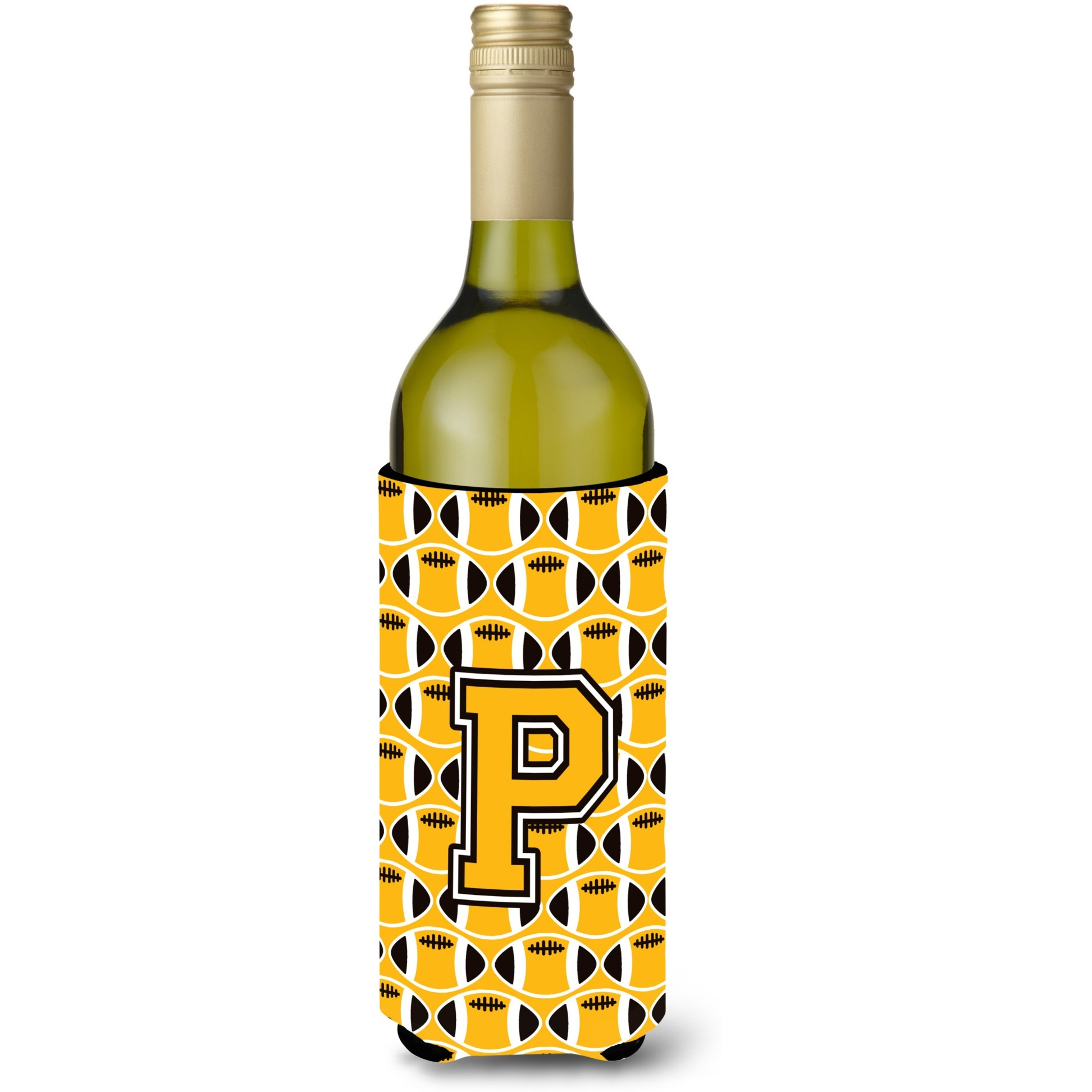 &quotLetter P Football Black, Old Gold and White Wine Bottle Beverage Insulator Hugger CJ1080-PLITERK"