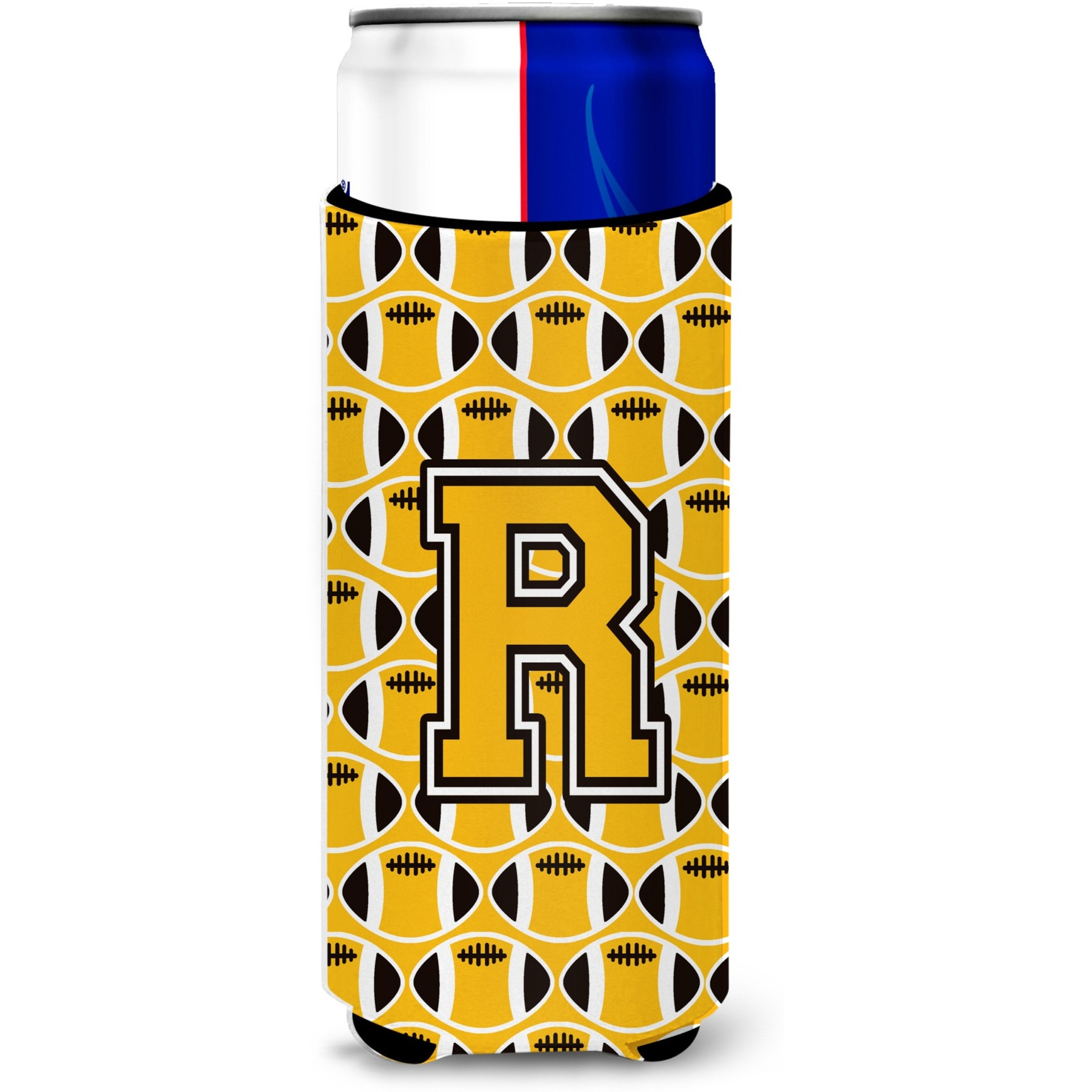 &quotLetter R Football Black, Old Gold and White Ultra Beverage Insulators for slim cans CJ1080-RMUK"