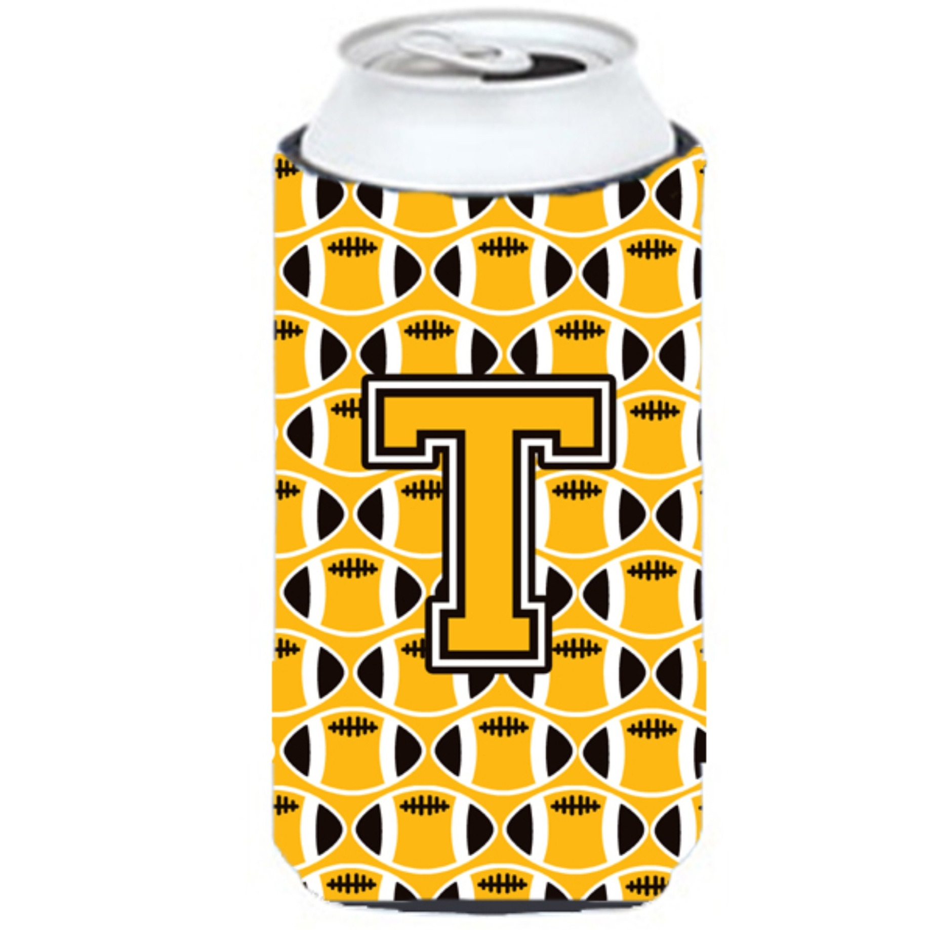 &quotLetter T Football Black, Old Gold and White Tall Boy Beverage Insulator Hugger CJ1080-TTBC"