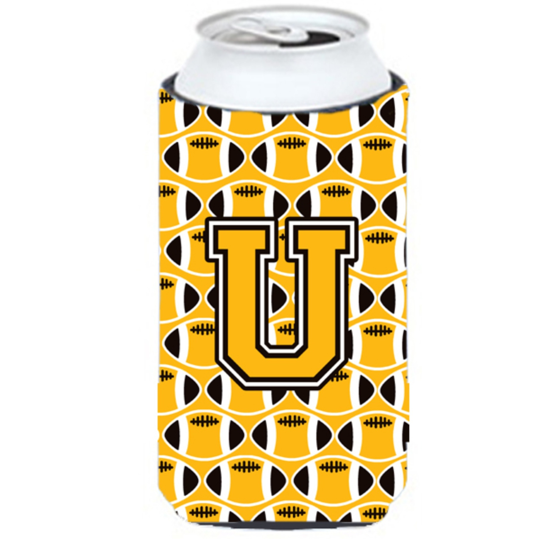&quotLetter U Football Black, Old Gold and White Tall Boy Beverage Insulator Hugger CJ1080-UTBC"