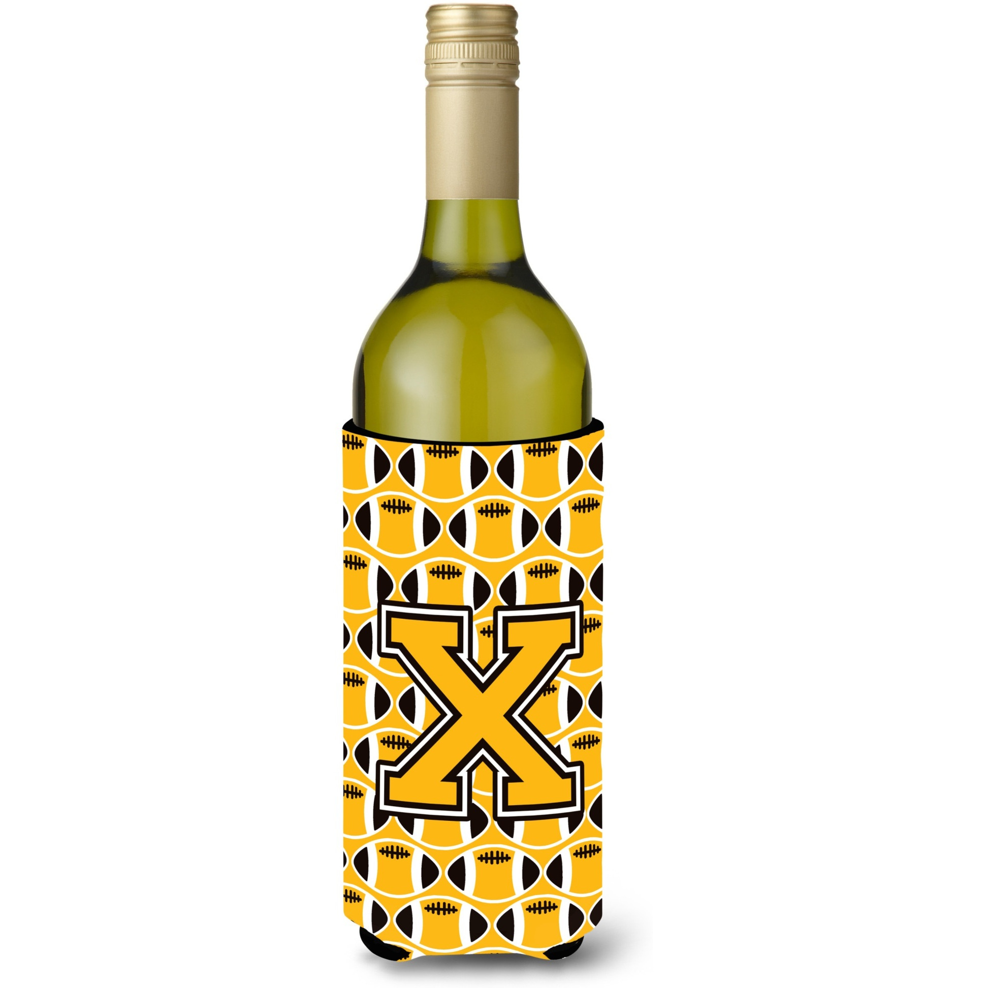 &quotLetter X Football Black, Old Gold and White Wine Bottle Beverage Insulator Hugger CJ1080-XLITERK"