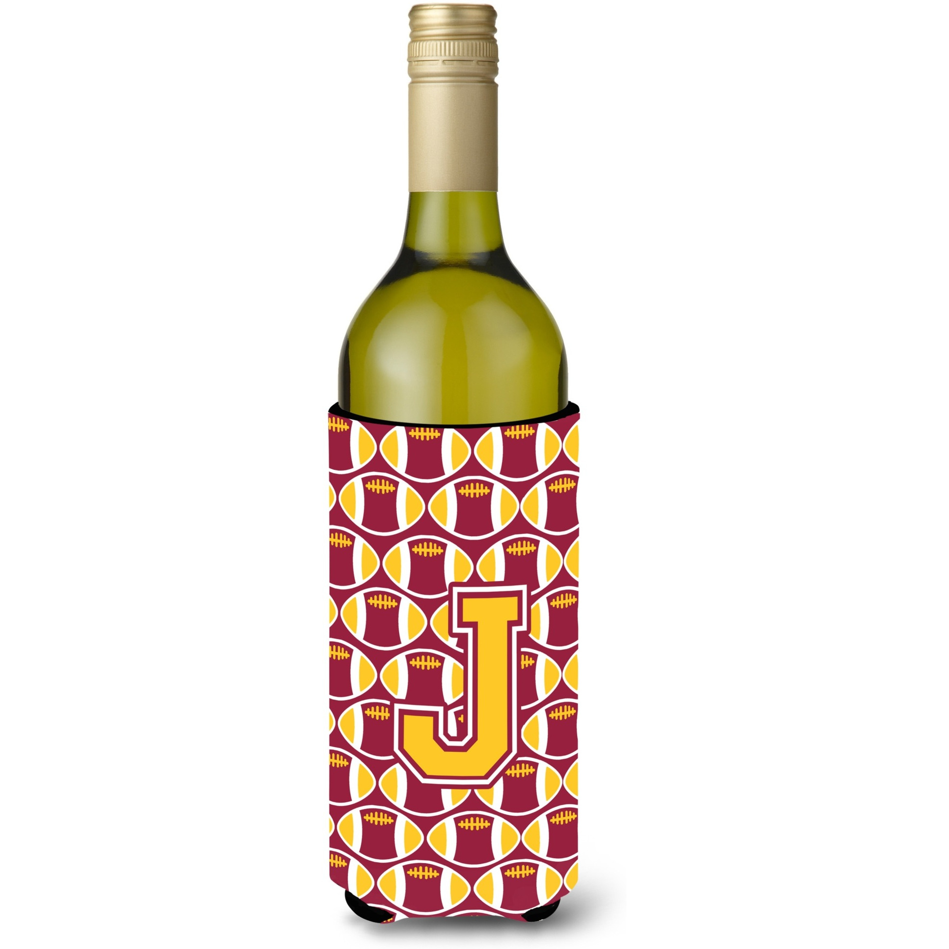 Letter J Football Maroon and Gold Wine Bottle Beverage Insulator Hugger CJ1081-JLITERK