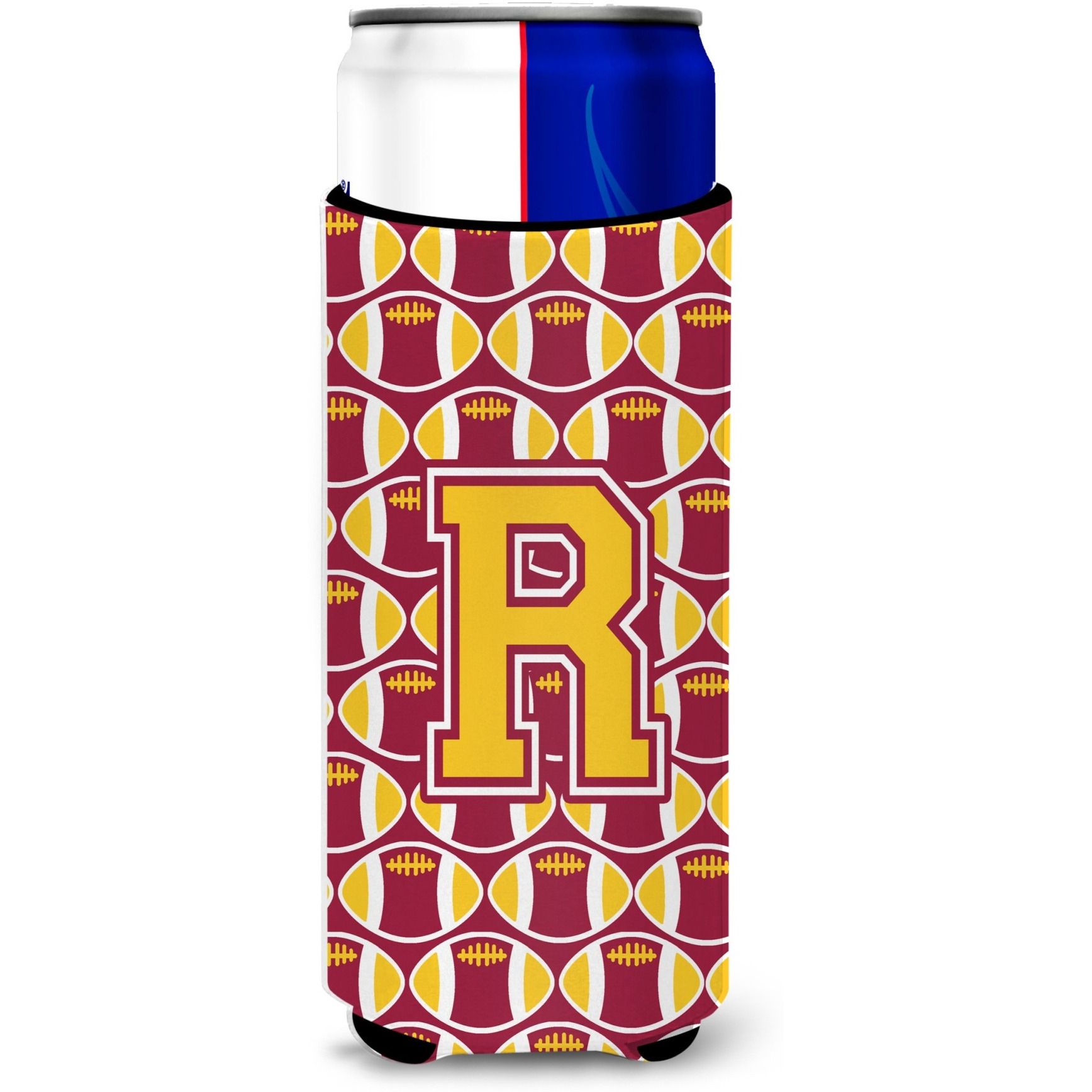 Letter R Football Maroon and Gold Ultra Beverage Insulators for slim cans CJ1081-RMUK