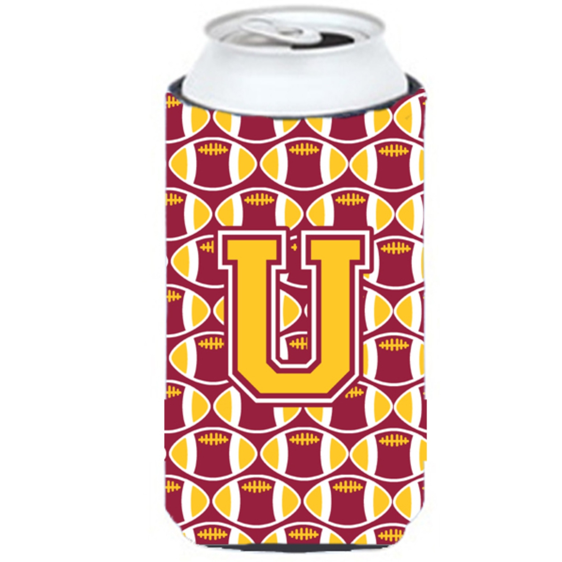 Letter U Football Maroon and Gold Tall Boy Beverage Insulator Hugger CJ1081-UTBC