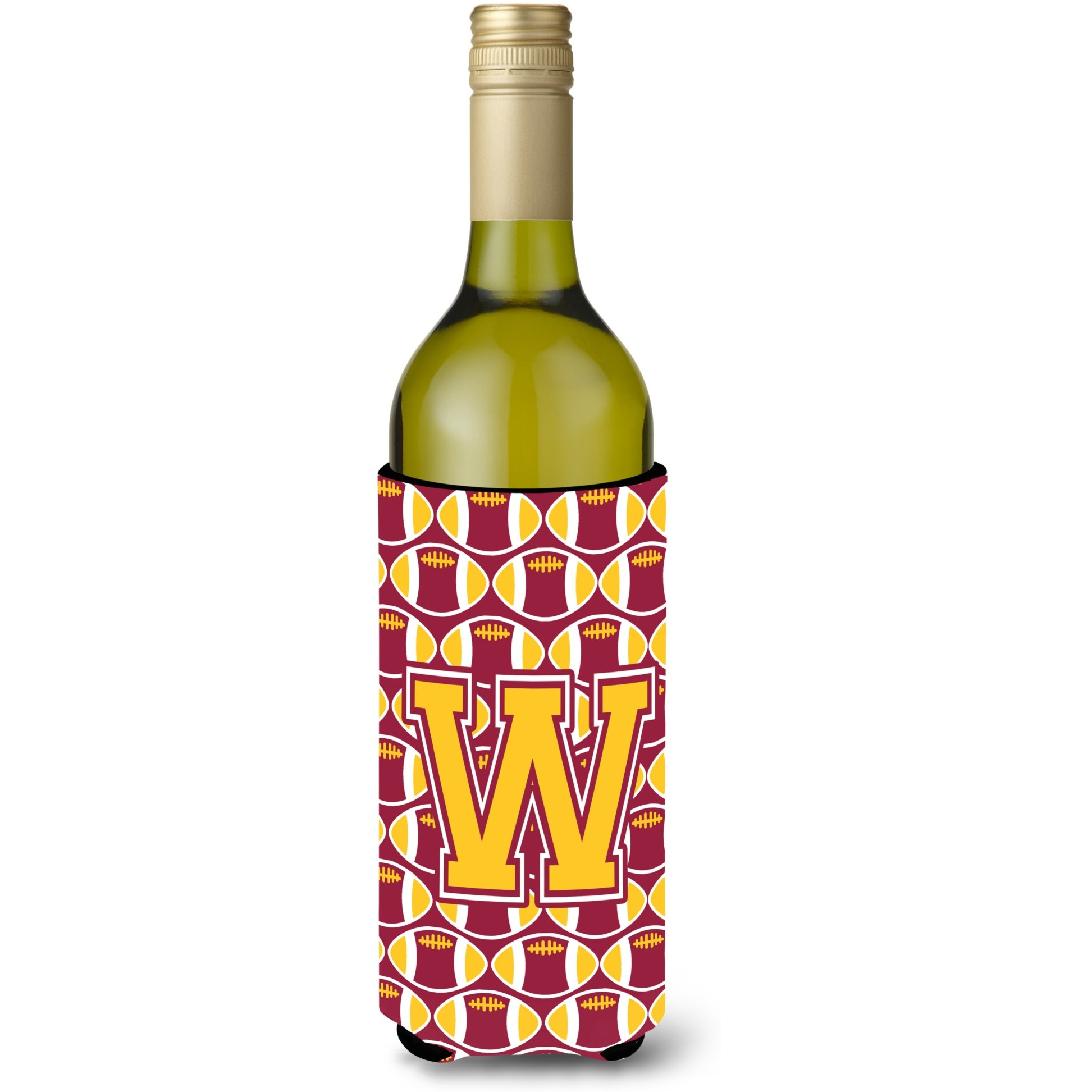 Letter W Football Maroon and Gold Wine Bottle Beverage Insulator Hugger CJ1081-WLITERK