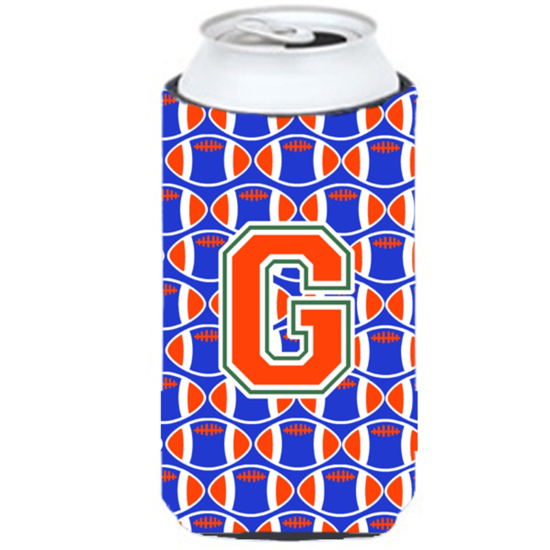 &quotLetter G Football Green, Blue and Orange Tall Boy Beverage Insulator Hugger CJ1083-GTBC"
