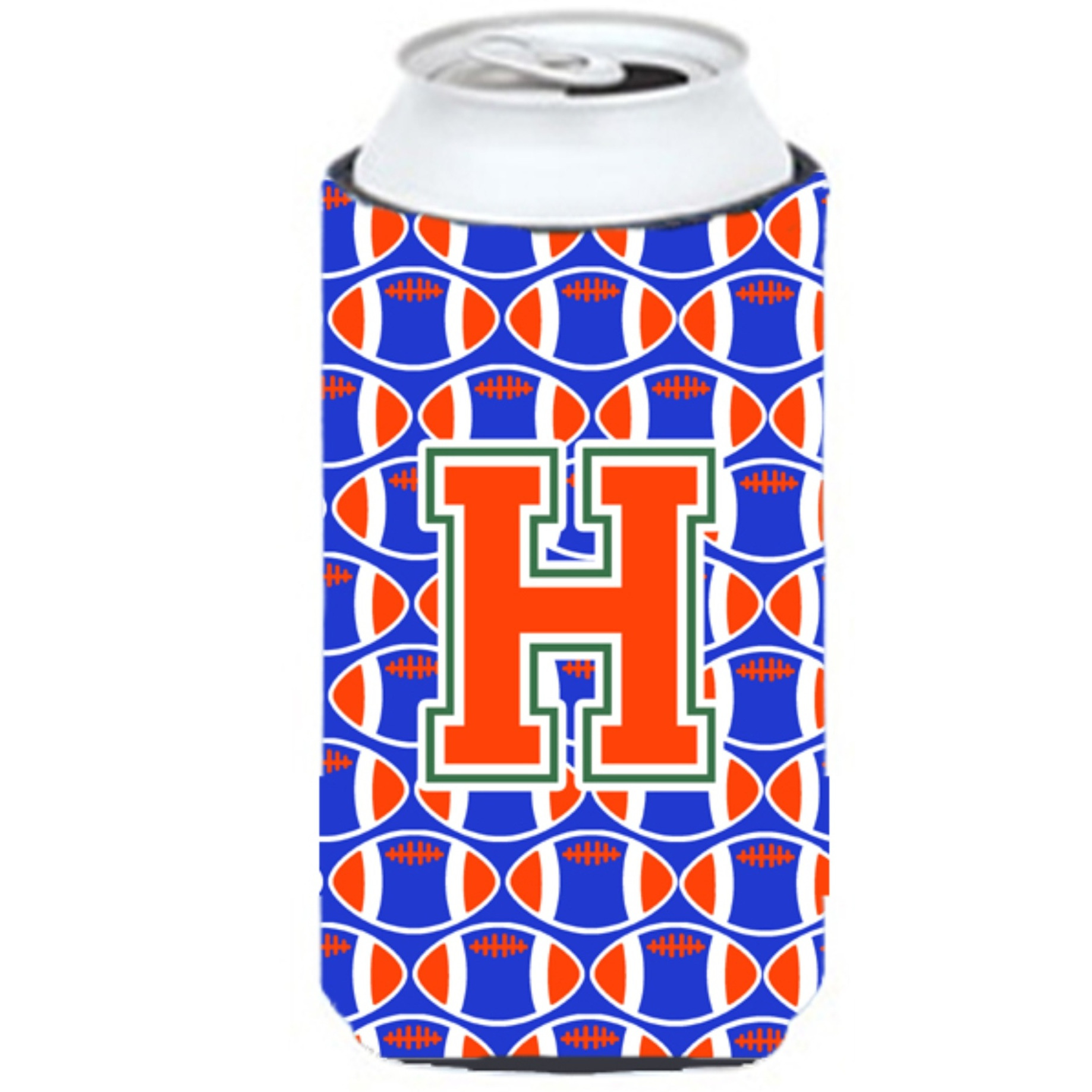 &quotLetter H Football Green, Blue and Orange Tall Boy Beverage Insulator Hugger CJ1083-HTBC"