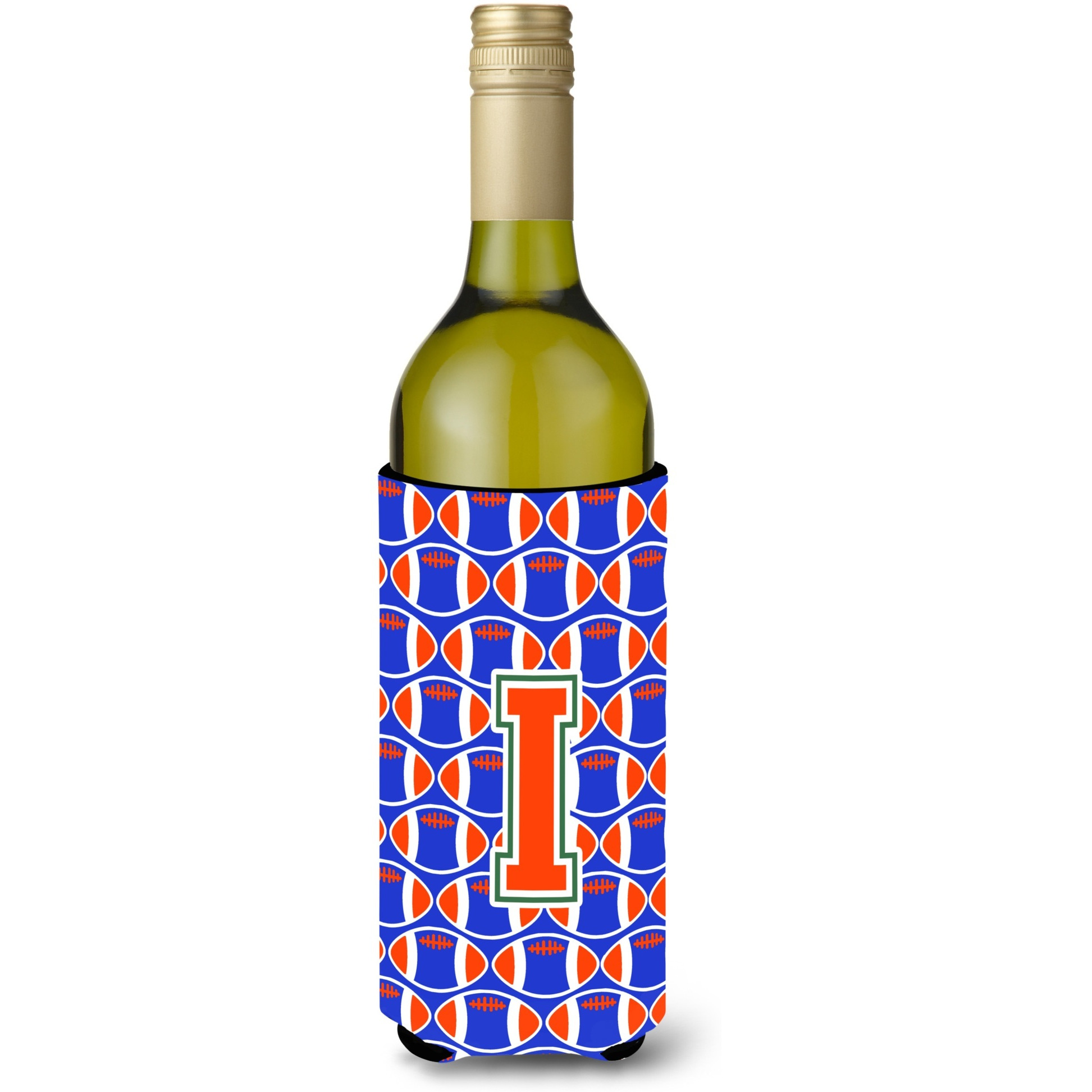 &quotLetter I Football Green, Blue and Orange Wine Bottle Beverage Insulator Hugger CJ1083-ILITERK"