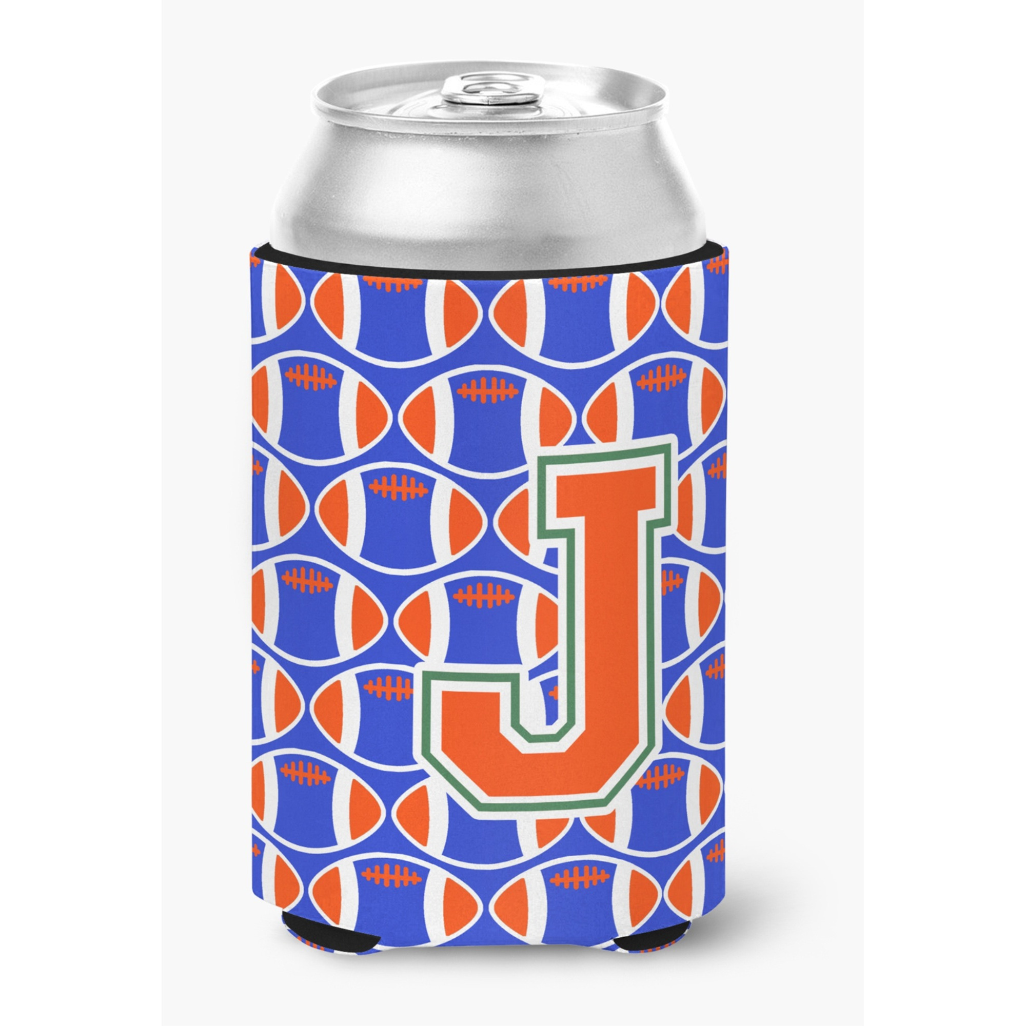 &quotCaroline's Treasures CJ1083-JCC Letter J Football Green, Blue and Orange Can or Bottle Hugger, Multicolor"