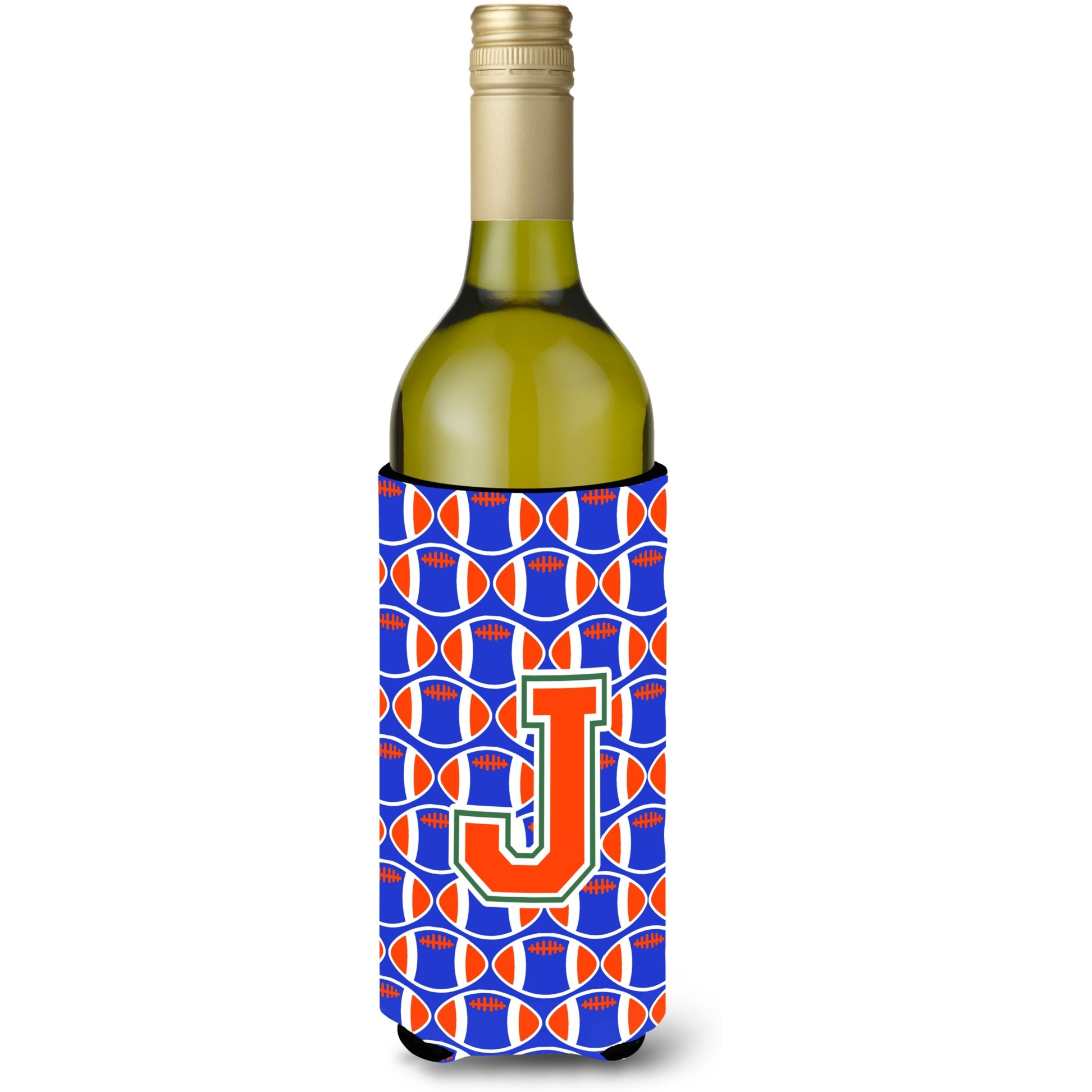 &quotLetter J Football Green, Blue and Orange Wine Bottle Beverage Insulator Hugger CJ1083-JLITERK"