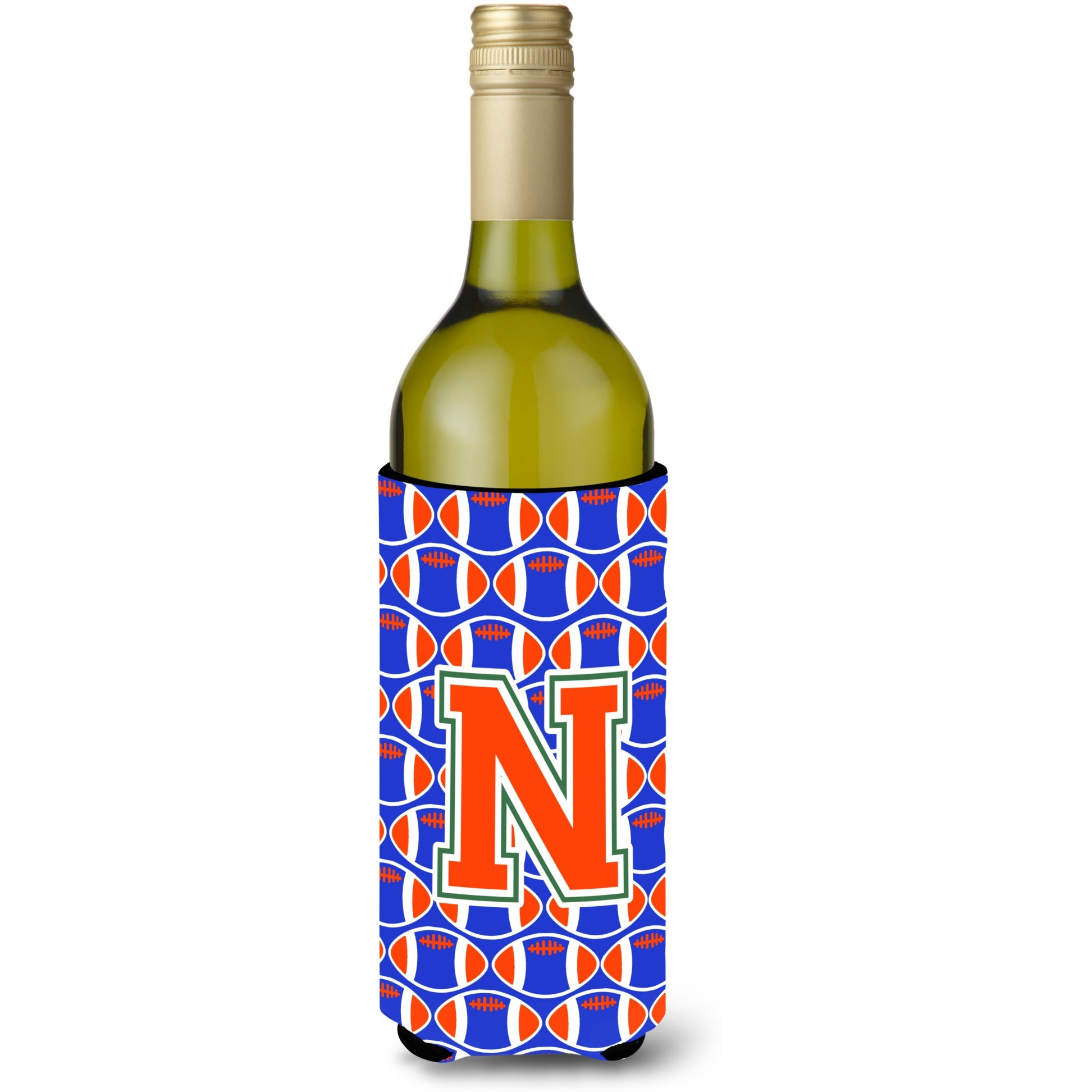 &quotLetter N Football Green, Blue and Orange Wine Bottle Beverage Insulator Hugger CJ1083-NLITERK"