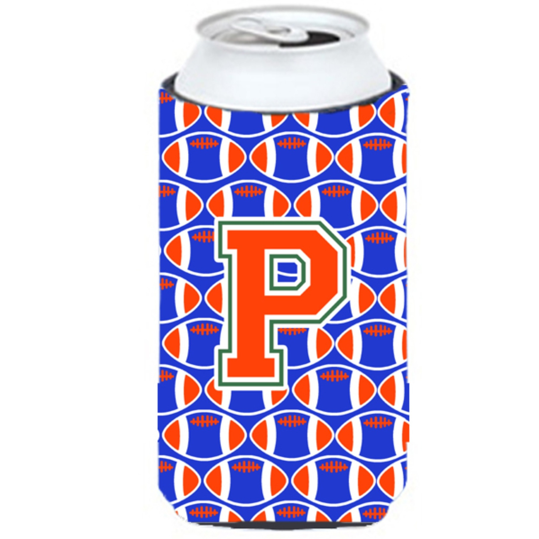 &quotLetter P Football Green, Blue and Orange Tall Boy Beverage Insulator Hugger CJ1083-PTBC"