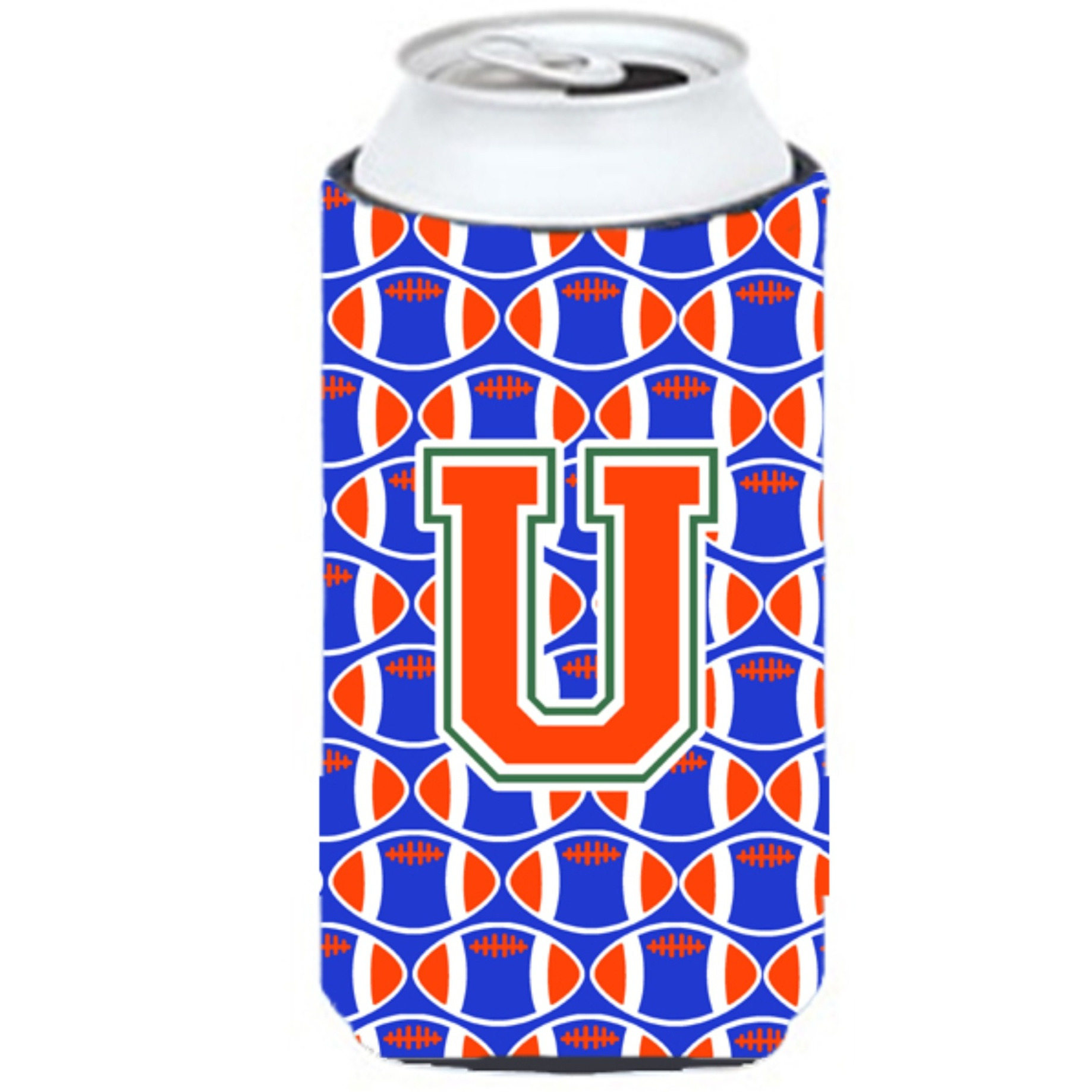 &quotLetter U Football Green, Blue and Orange Tall Boy Beverage Insulator Hugger CJ1083-UTBC"