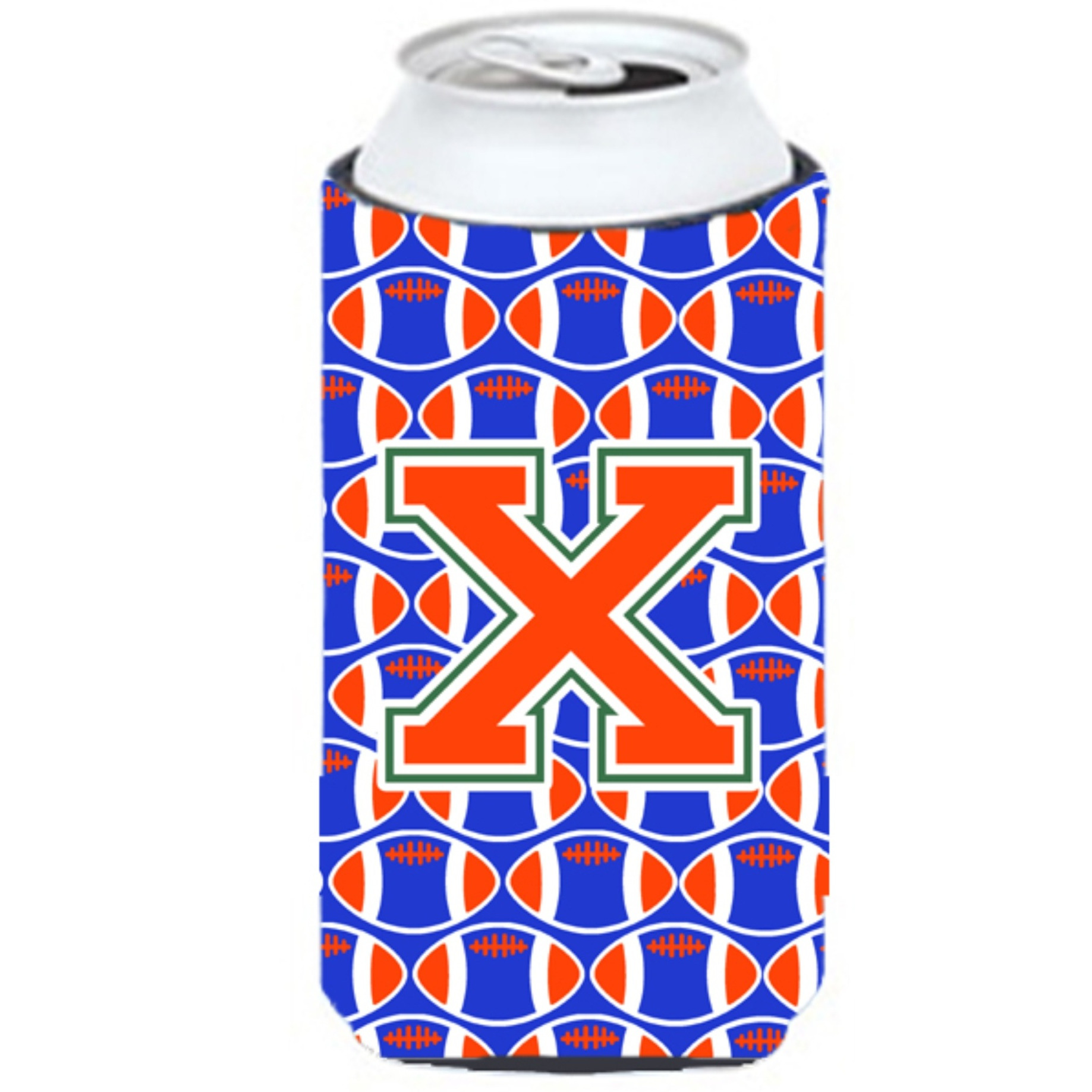 &quotLetter X Football Green, Blue and Orange Tall Boy Beverage Insulator Hugger CJ1083-XTBC"