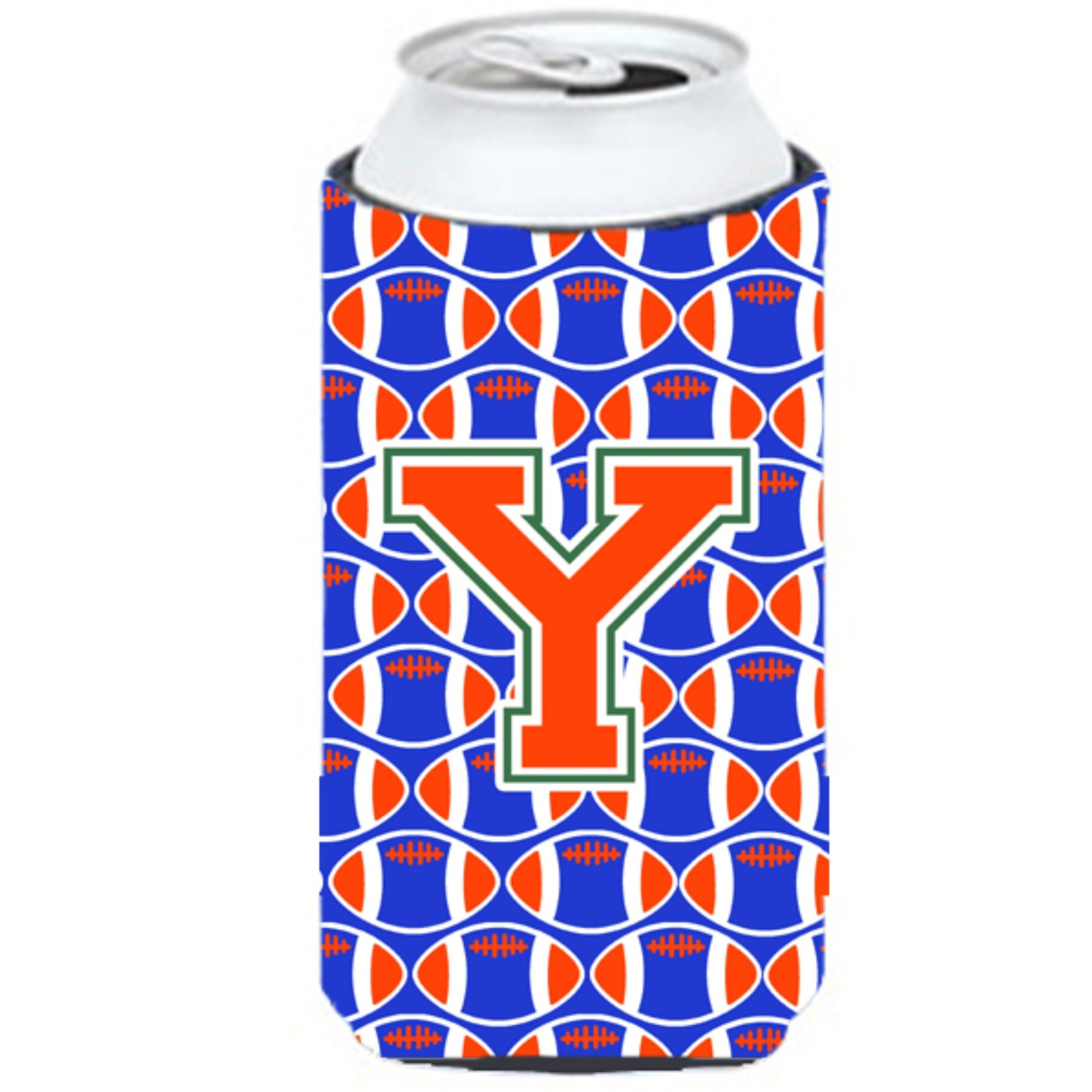 &quotLetter Y Football Green, Blue and Orange Tall Boy Beverage Insulator Hugger CJ1083-YTBC"