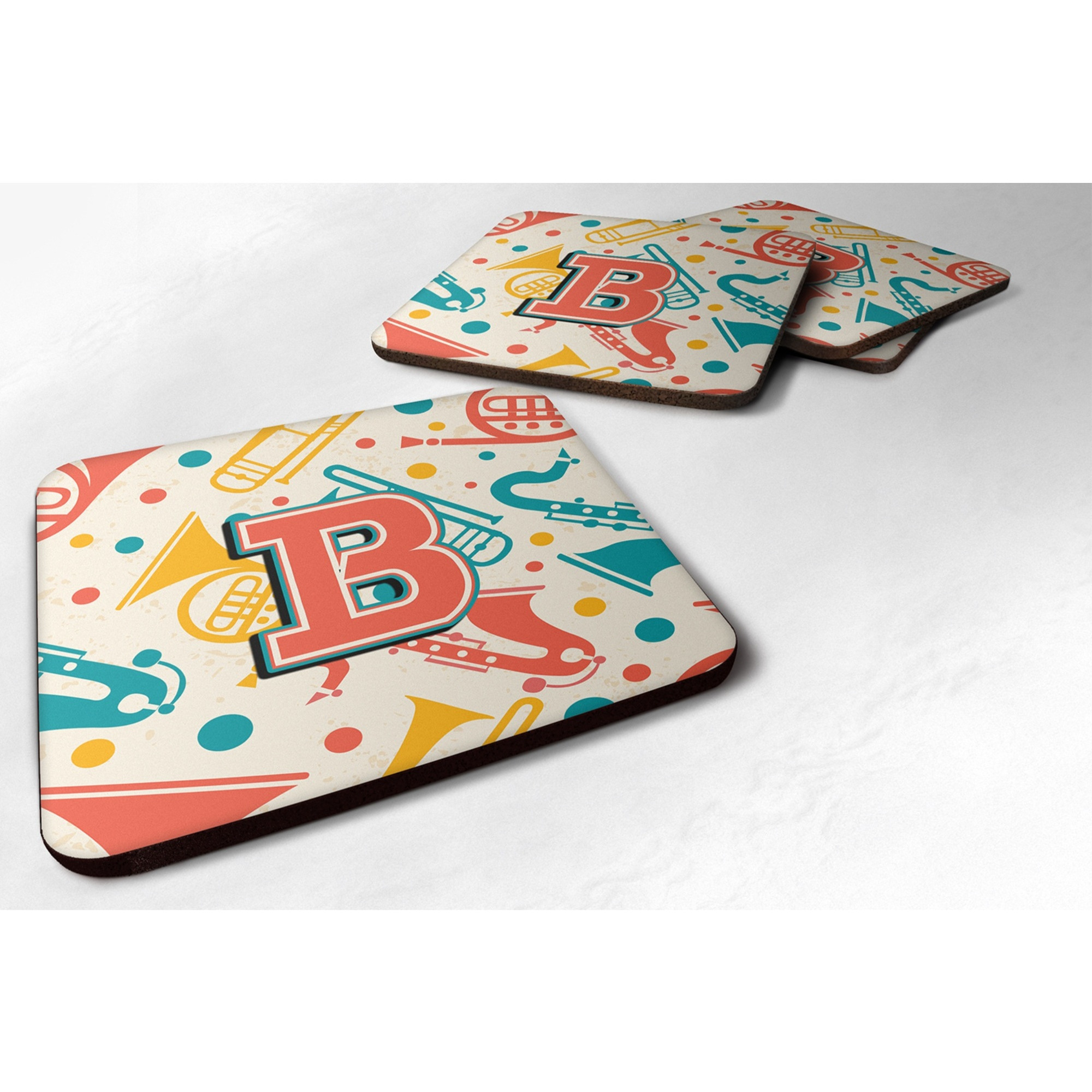 &quotCaroline's Treasures CJ2001-BFC Letter B Retro Teal Orange Musical Instruments Initial Foam Coasters (Set of 4), 3.5"", Multicolor"